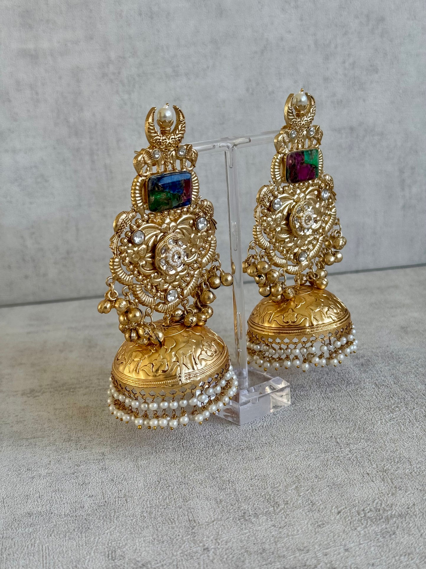 Ayura Designs Adeeba Earrings – Antique Gold Temple Jhumkas with Multicolour Stone Accent & Pearl Drops