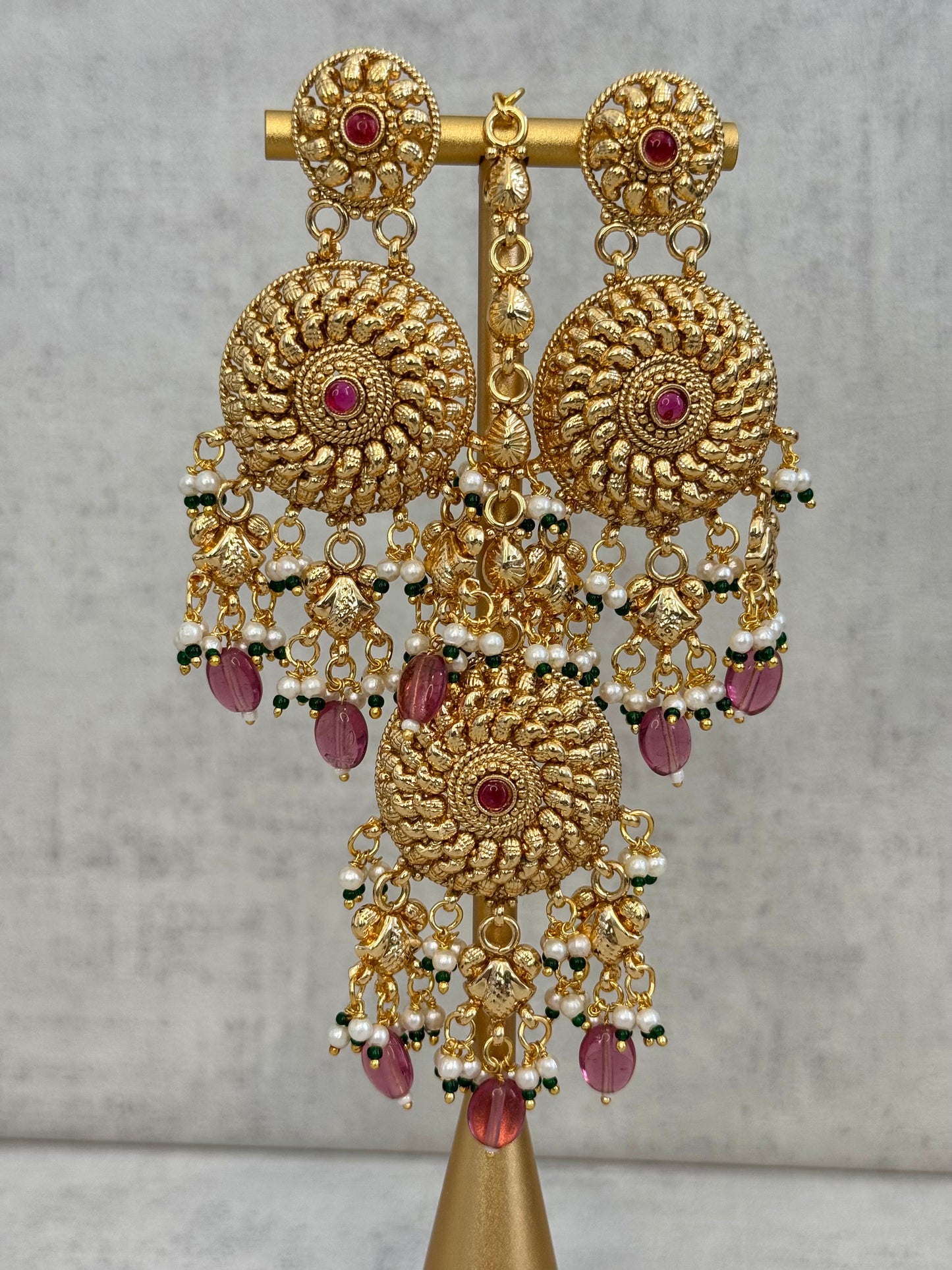 Ayura Designs Hoor Tikka & Earrings – Opulent Gold Adornment with Radiant Pink, Green and White Beads