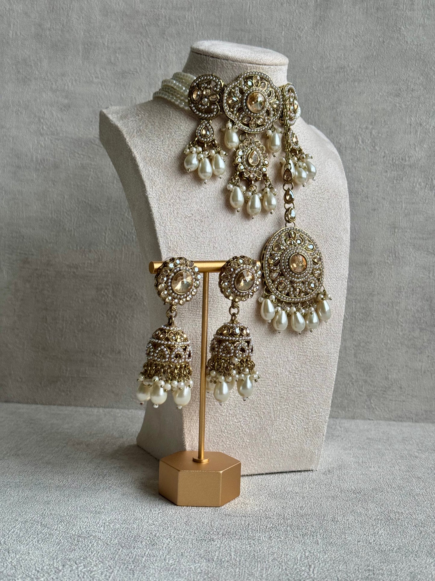 Ayura Designs Azhar Choker Set with Jhumkis & Tikka – Champagne Gold, White Pearls, Polki with Champagne Stones
