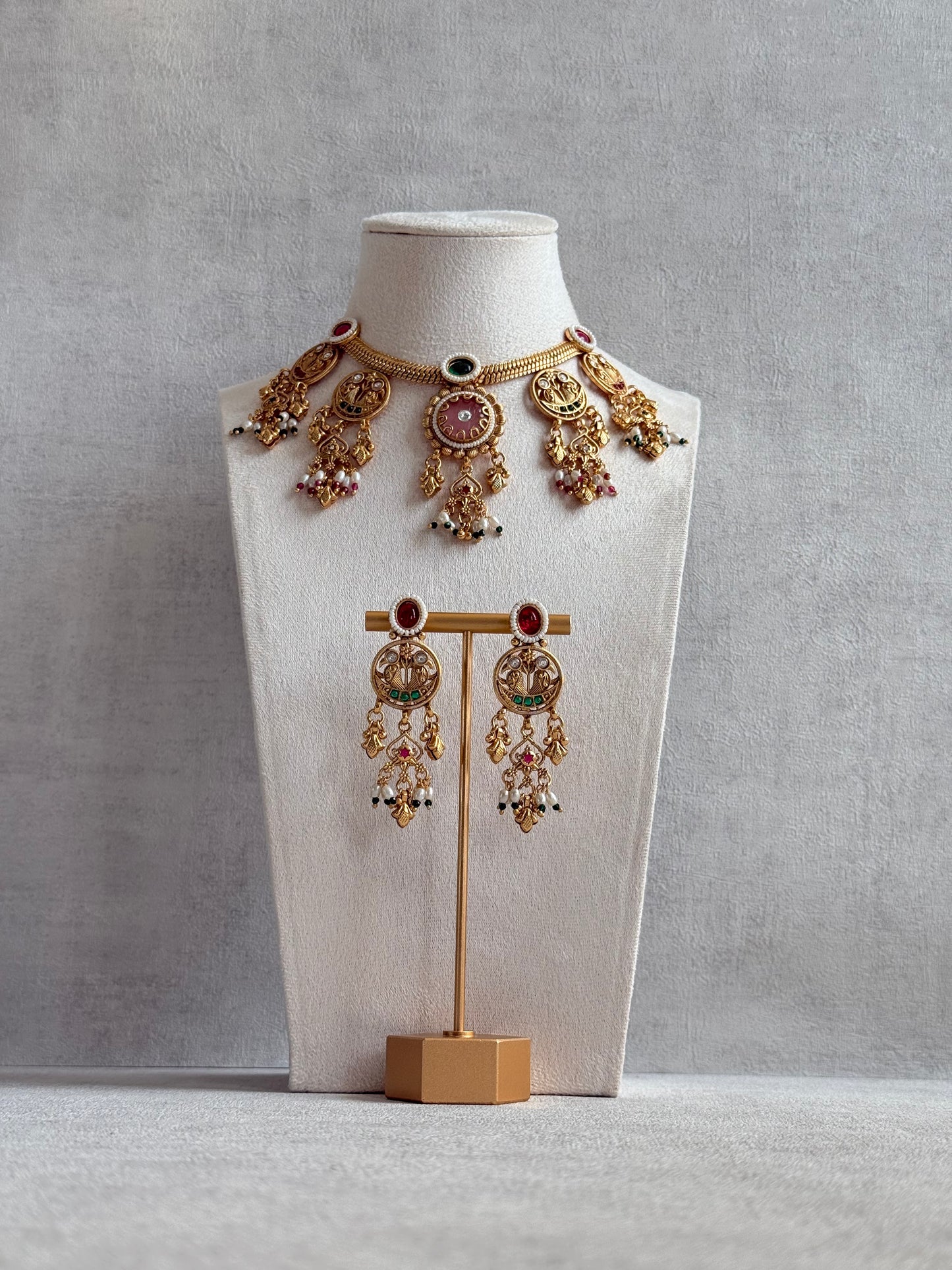Ayura Designs Parchhai Necklace Set with Earrings – Rose Pink, Ruby Red & Emerald Green Stones, Bird Motifs & Pearl Detailing