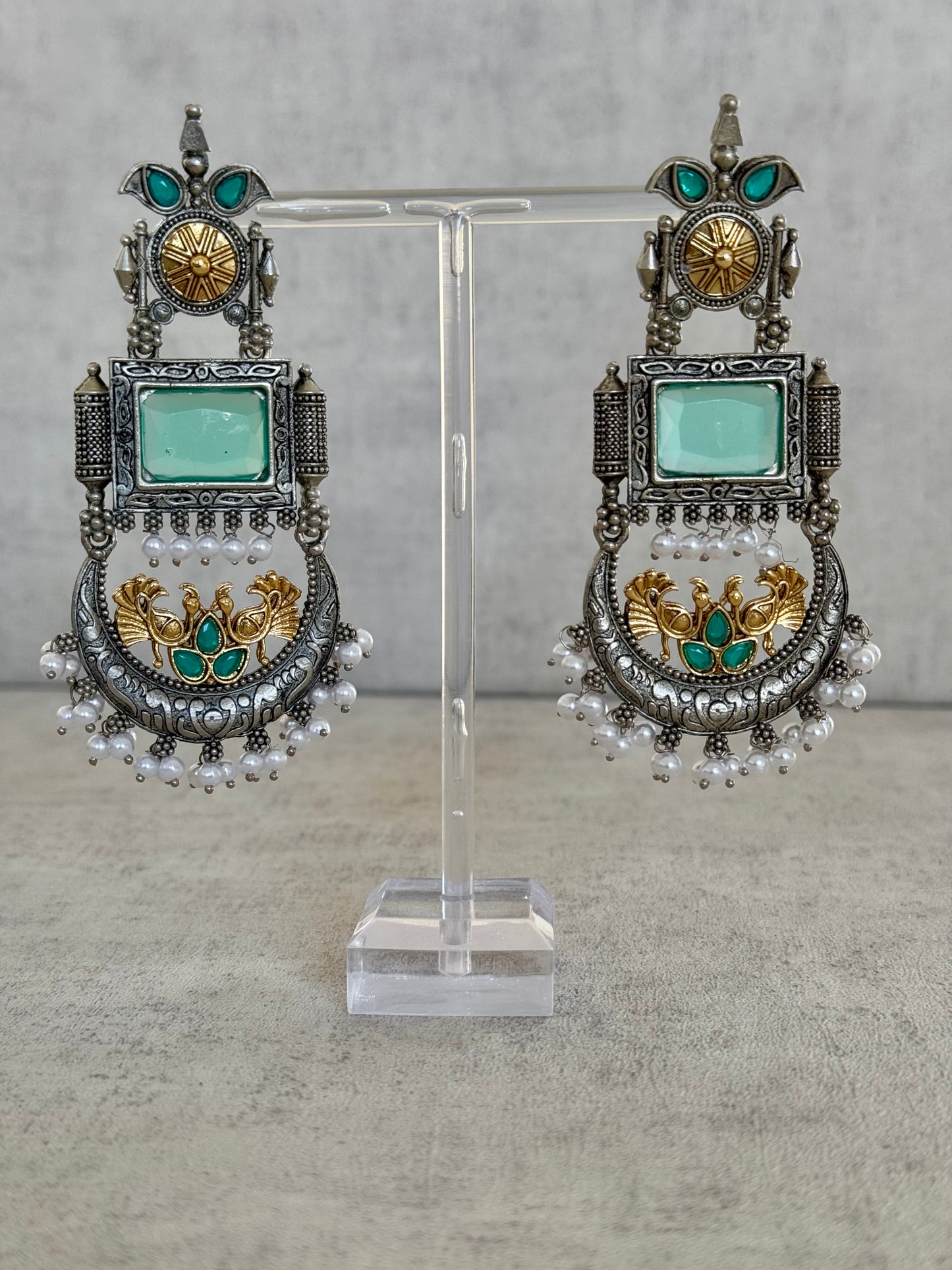 Ayura Designs Fasha Earrings – Oxidized Silver & Gold Dual-Tone Earrings with Aqua Stones, Emerald Accents and Pearl Drops