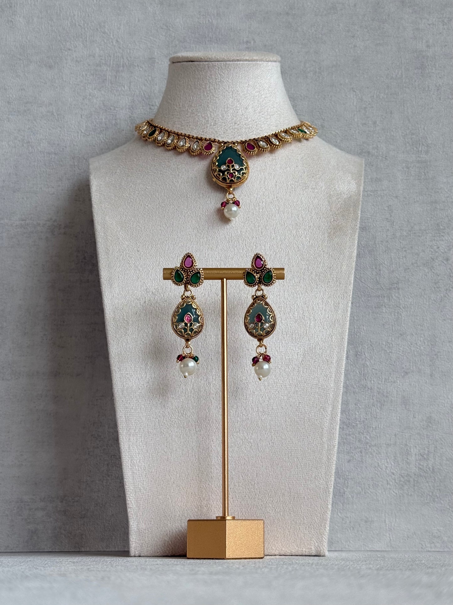 Ayura Designs Lamees Necklace Set with Earrings – Green Enamel, Emerald Green & Ruby Pink Stones with Pearl Drops