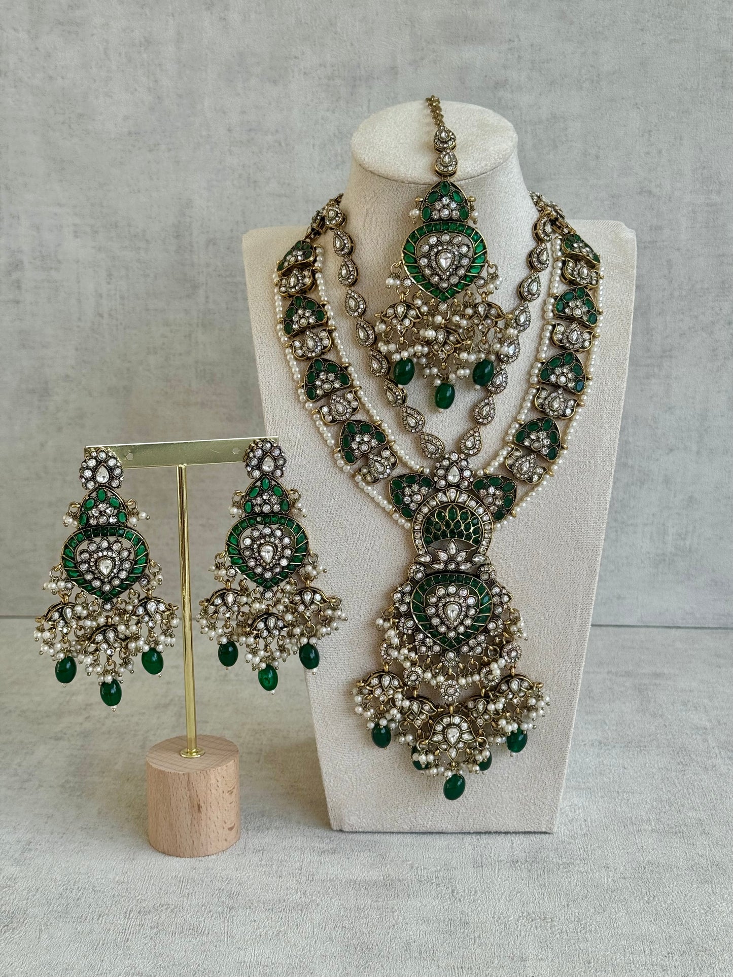 Ayura Designs Ajooni Set with Necklace, Earrings & Tikka – Antique Gold, Emerald Enamel, Mirror-Cut Stones & Pearl Detailing