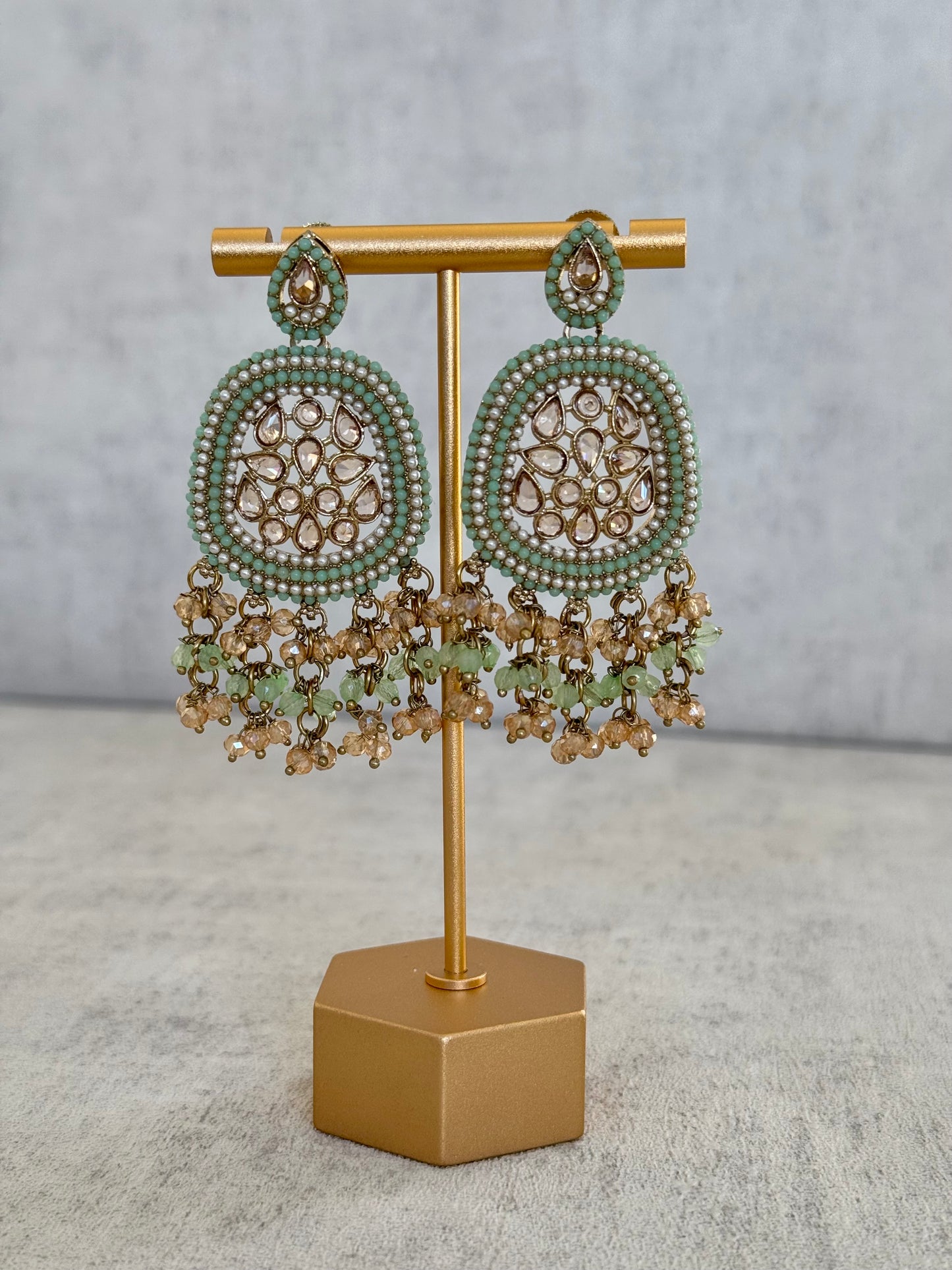 Ayura Designs Geela Earrings – Mint Green & Champagne Kundan Statement Earrings