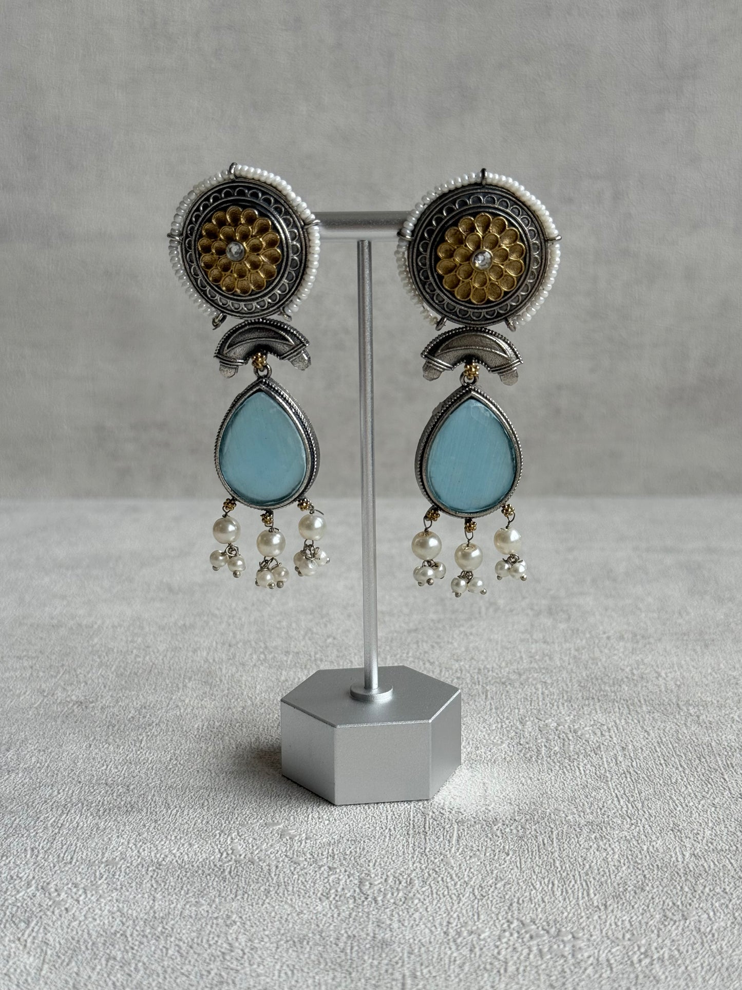 Ayura Designs Nazm Earrings – Dual Tone Oxidised Statement Earrings with Aqua Blue Stones & Pearl Clusters
