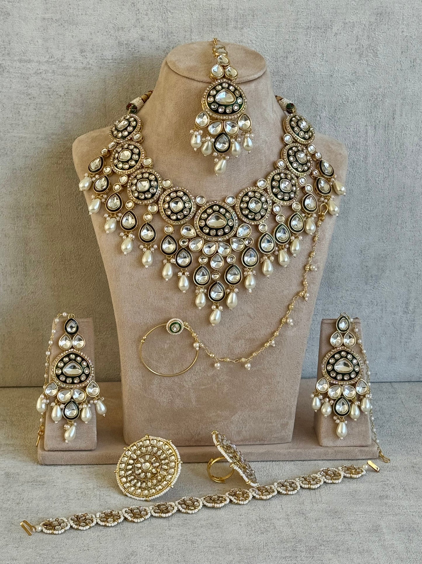 Ayura Designs Sultana Bridal Set with Necklace, Jhumkis, Tikka, Nath, Ring & Sheeshphool – Jadau Kundan Craftsmanship with Mirror-Cut Polki Stones, Ivory Pearls & Antique Gold Finish