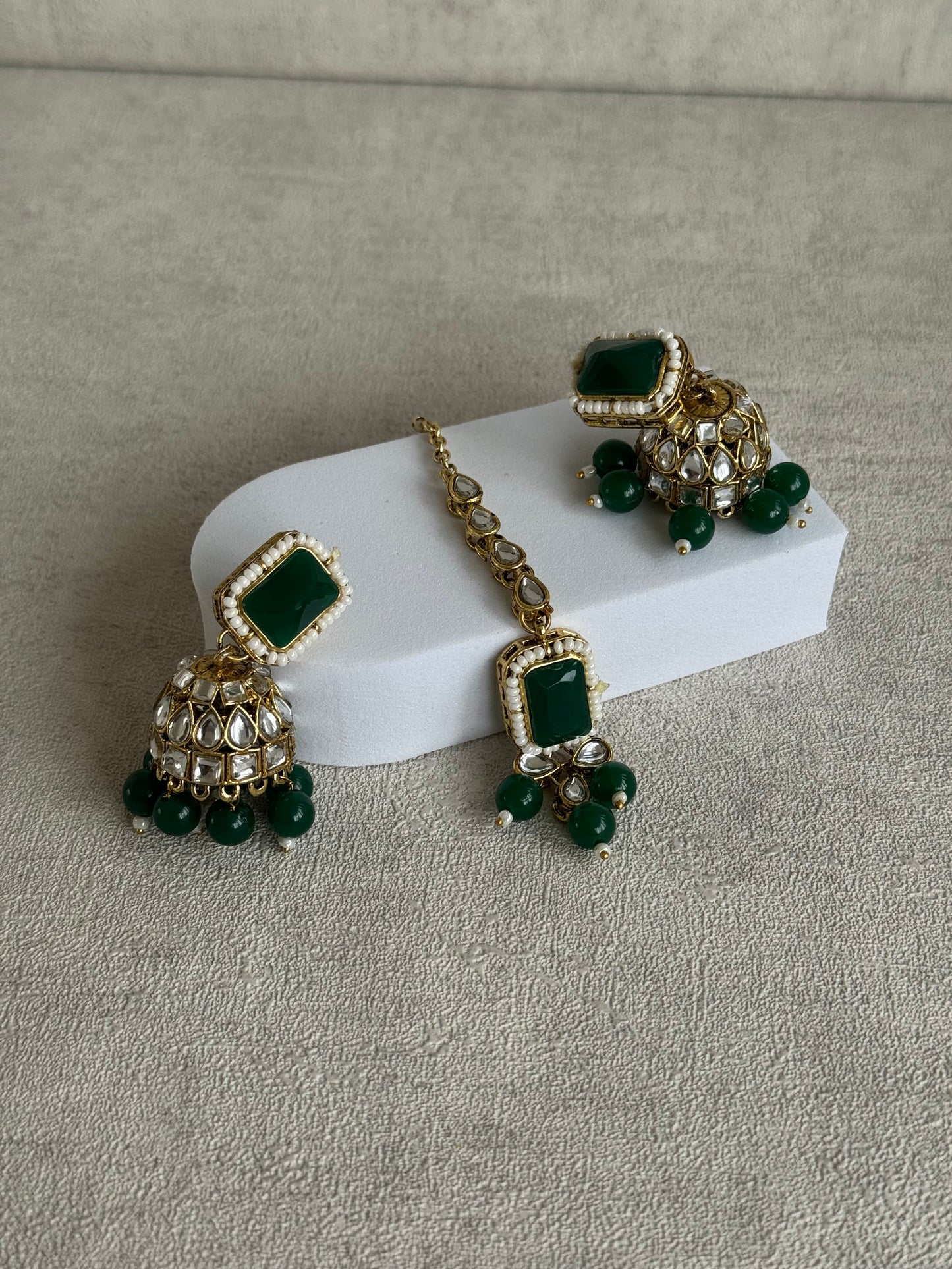 Ayura Designs Samaya Set with Jhumkis & Tikka – Emerald Green Stones, Kundan Detailing & Gold Finish
