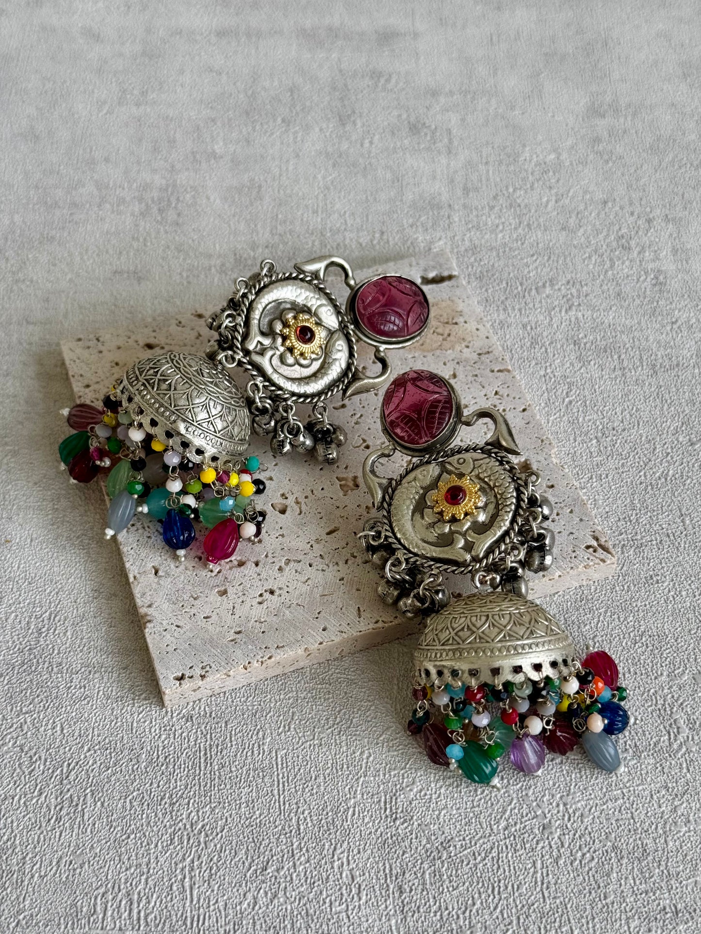 Ayura Designs Meera Earrings – Antique Silver with Multicolour Beads & Carved Glass Stone