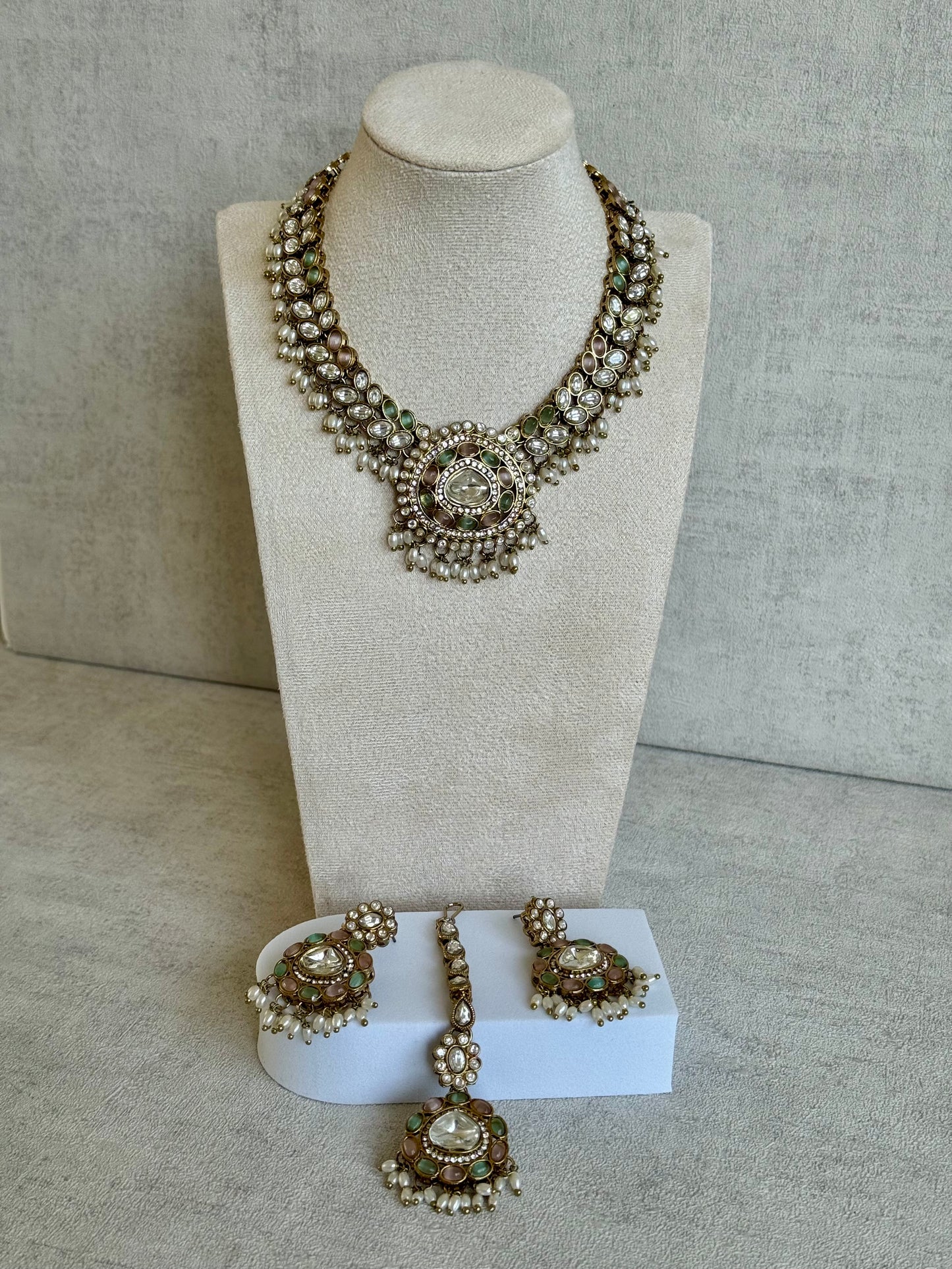 Ayura Designs Warda Set with Earrings & Tikka – Pistachio Green & Blush Pink Stones, Pearls & Antique Gold Finish