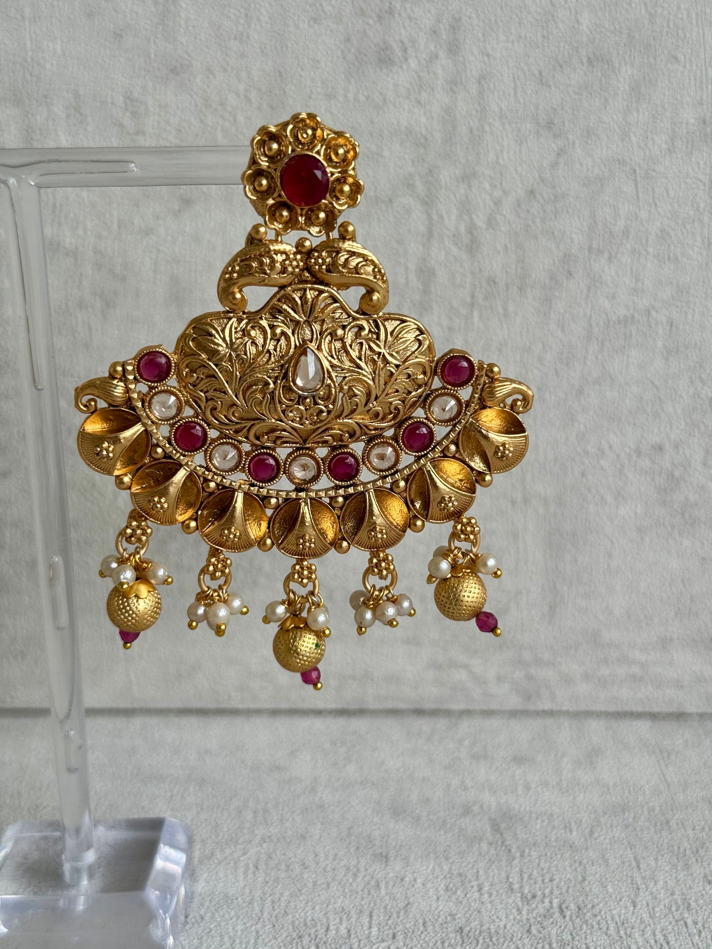 Ayura Designs Neera Earrings in Antique Gold with Red Glass Stones, Mirror-Cut Polki & Pearls