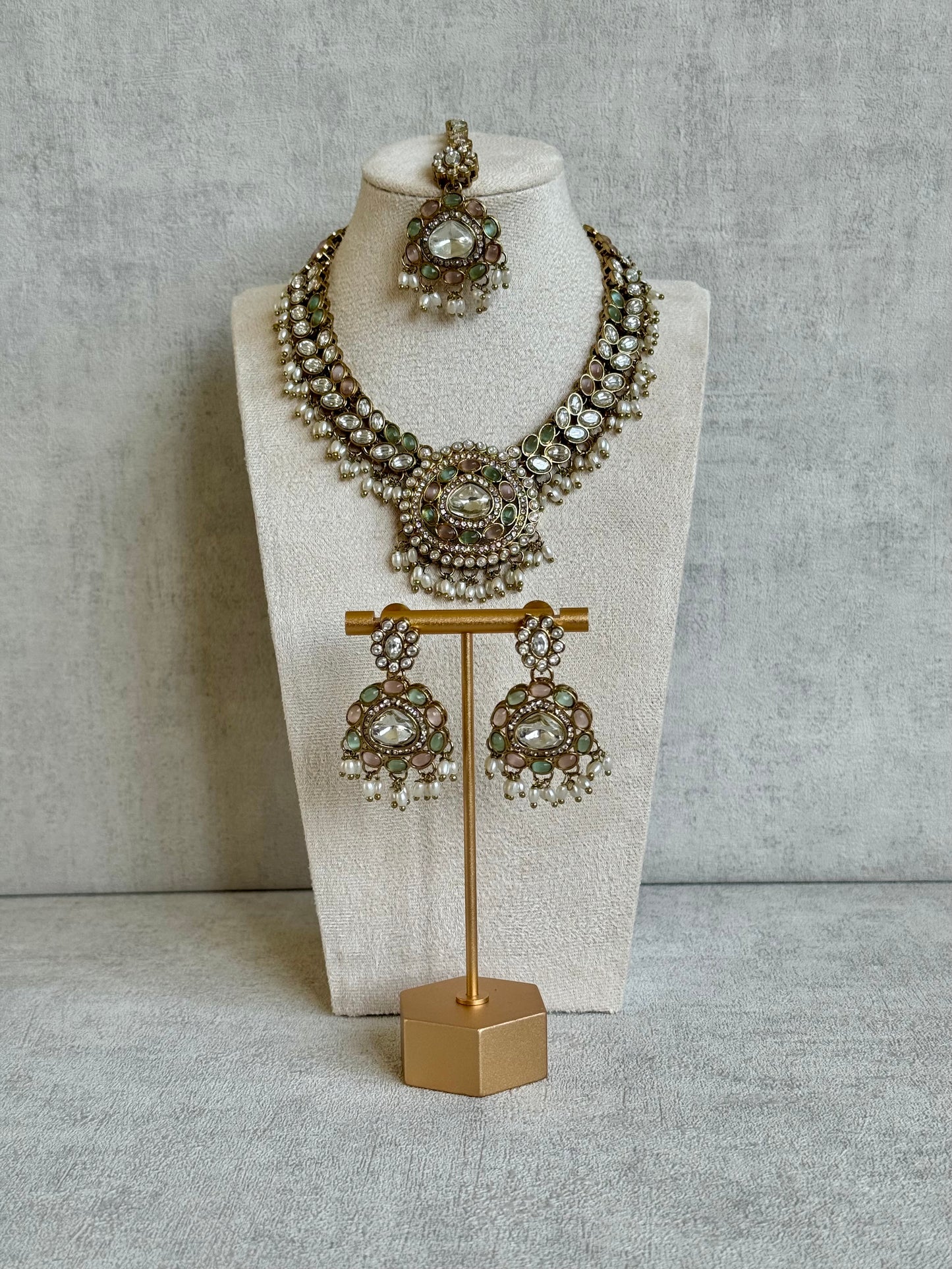 Ayura Designs Warda Set with Earrings & Tikka – Pistachio Green & Blush Pink Stones, Pearls & Antique Gold Finish