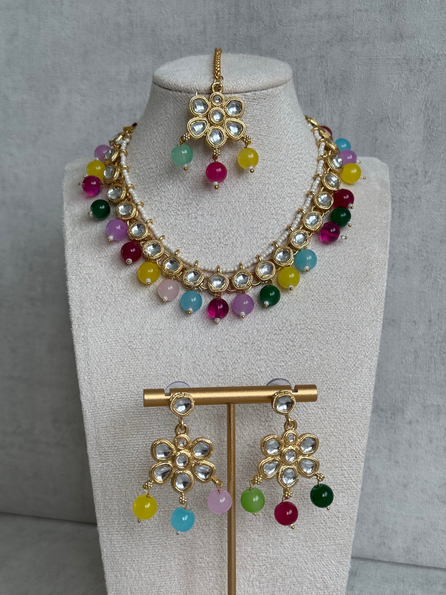 Ayura Designs Dalia Set with Earrings & Tikka – Multicolour with Kundan & Floral Motifs