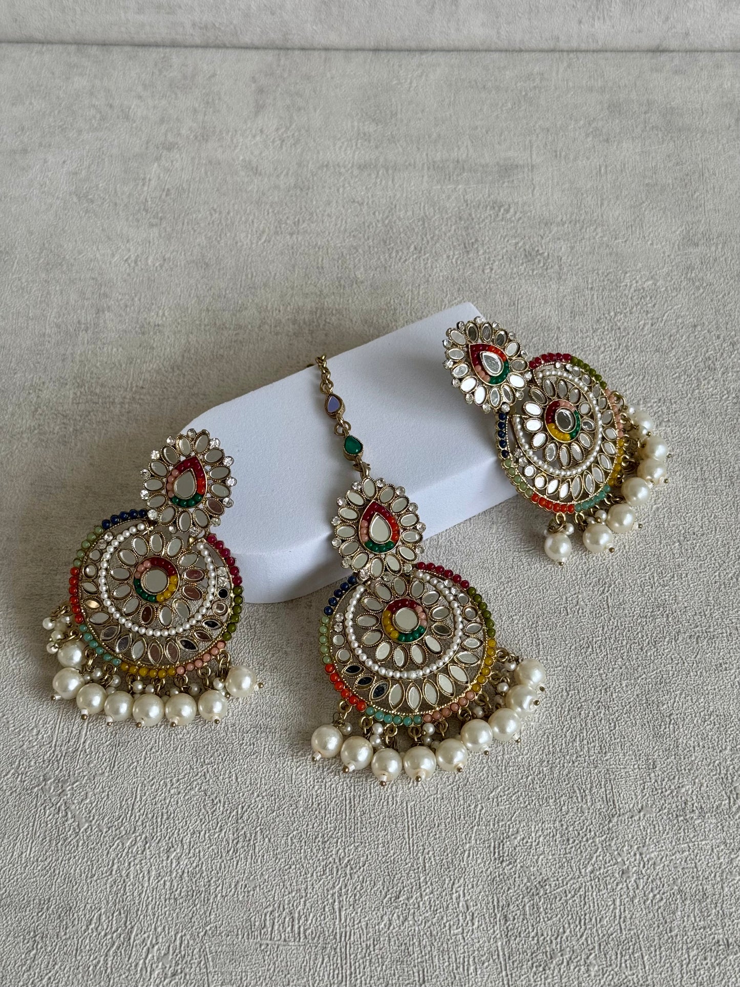 Ayura Designs Dilkash Tikka Set with Earrings – Multicolour Meenakari, Kundan, Mirror Work & Pearls