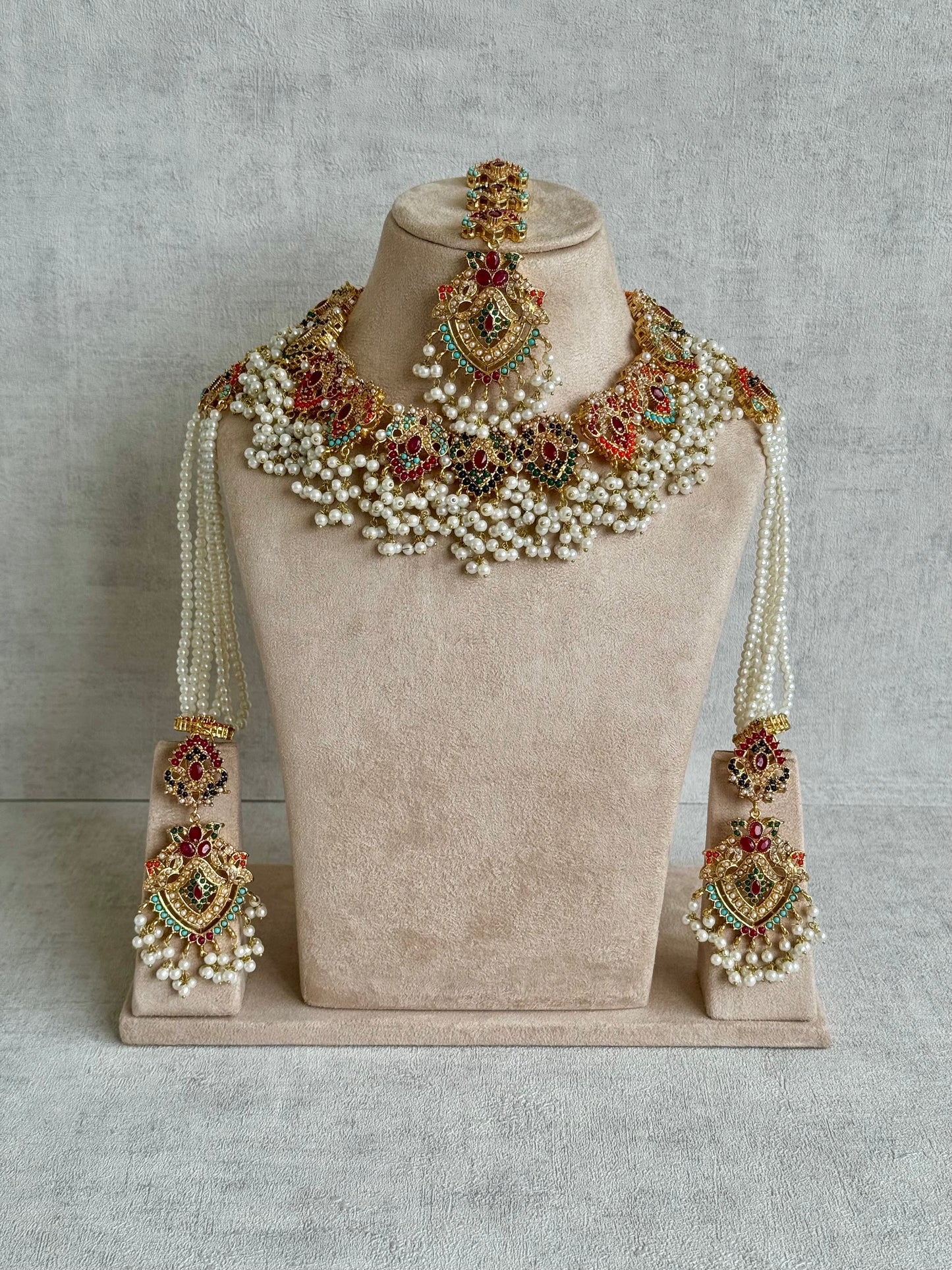 Ayura Designs Maliha Set – Multicolour Necklace with Sahare Jhumkis & Tikka | Pearls & Antique Gold Detailing