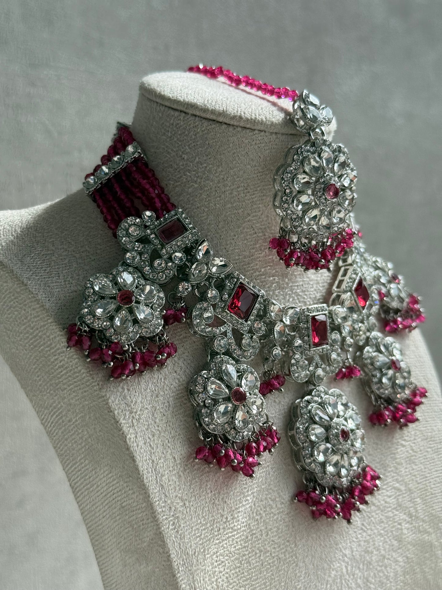 Ayura Designs Zarghuna Set with Jhumkis & Tikka – Fuchsia Beads, Mirror-Cut Stones & Silver Finish