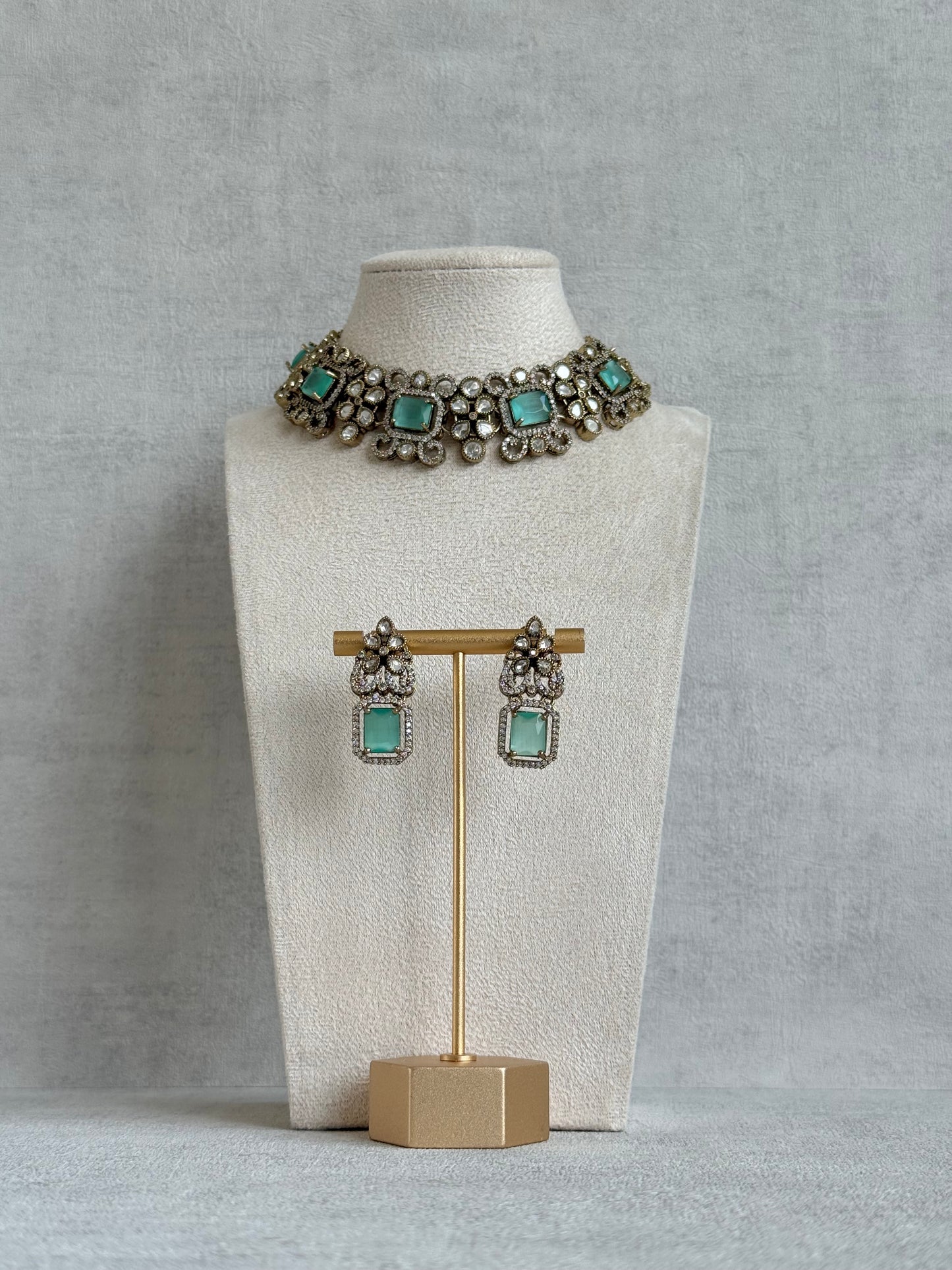 Ayura Designs Celine Necklace Set with Earrings – Moissanite Mint Green Statement Set