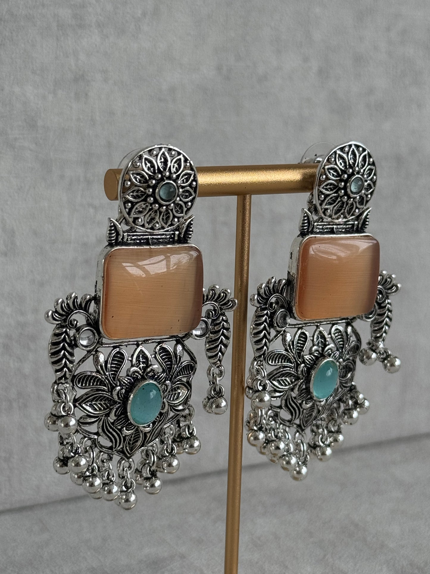 Ayura Designs Raniyah Earrings – Nude Beige Cat-Eye with Oxidised Silver & Aqua Stone Detailing