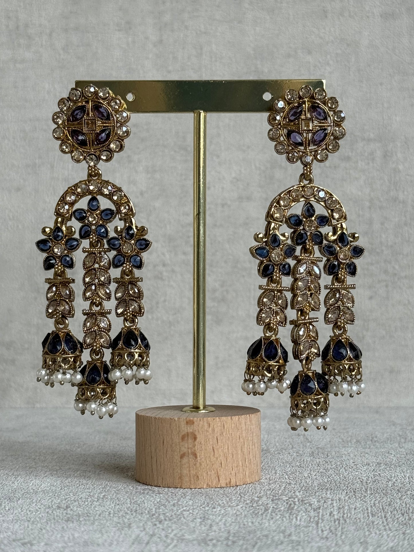 Ayura Designs Soraya Earrings – Ink Blue Stones, Champagne Crystals, Pearl Detailing & Gold Finish