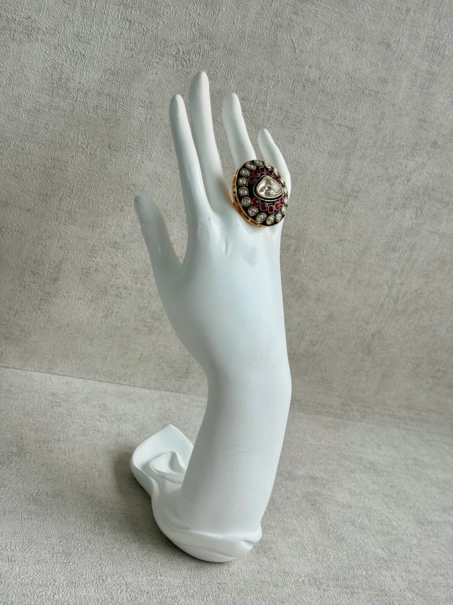 Ayura Designs Firdos Adjustable Ring – Mirror-Cut Stone Statement Ring with Green Enamel & Ruby Pink Detailing