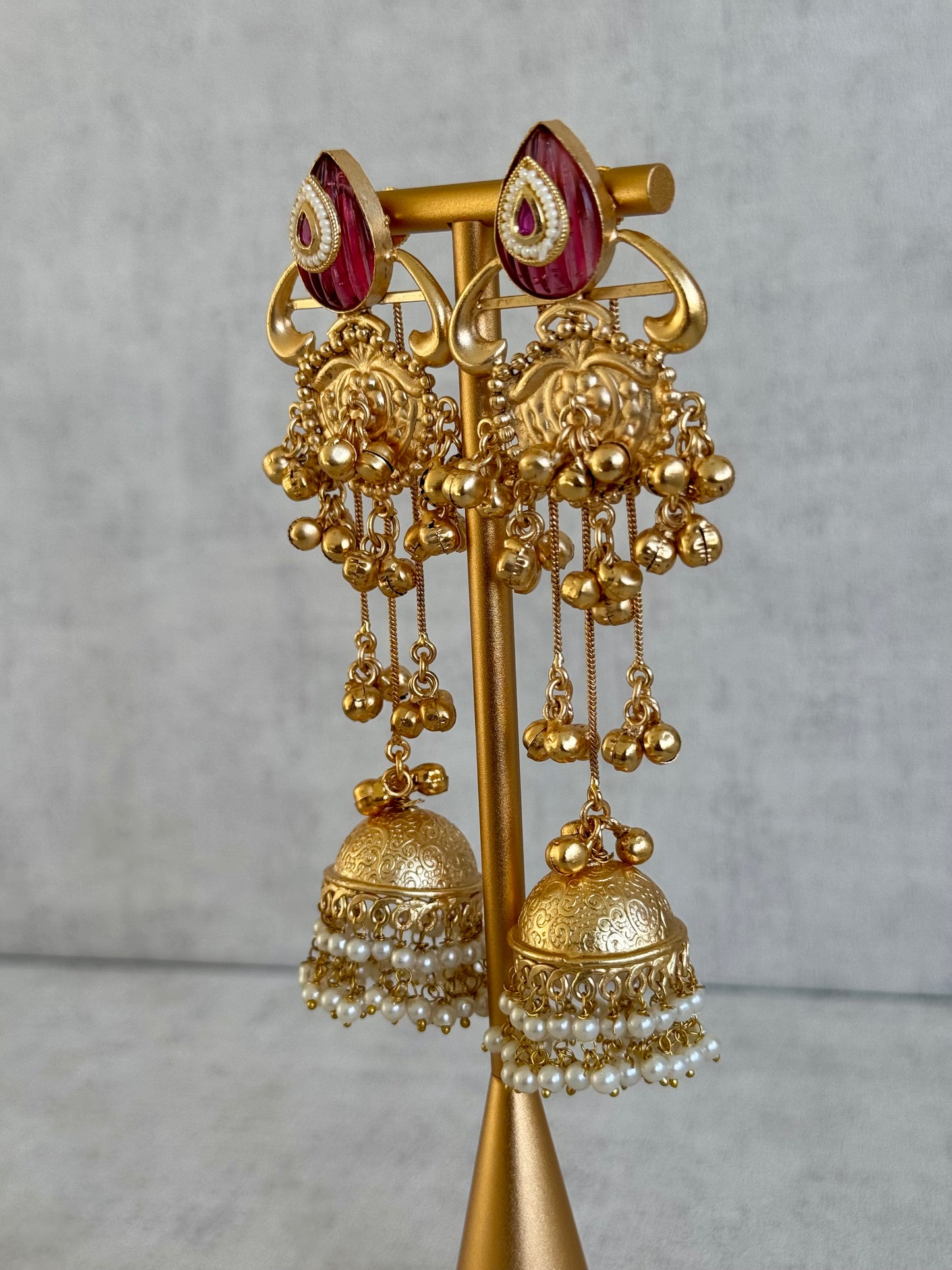 Ayura Designs Prisha Earrings – Antique Gold Jhumkas with Ruby Red Studs, Pearl Detailing & Long Dangling Chains