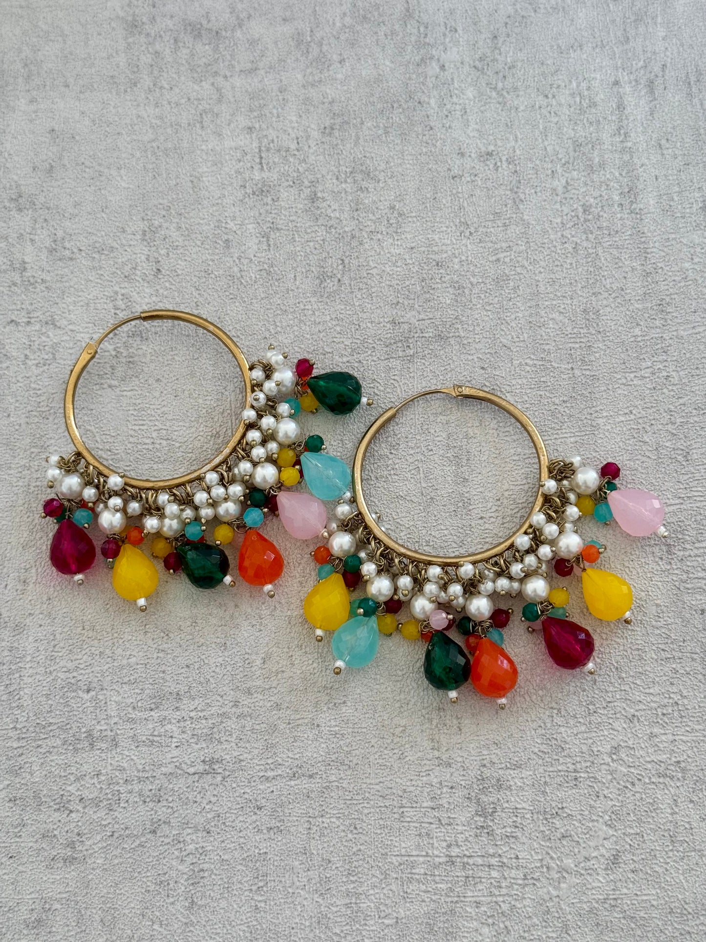 Ayura Designs Jhanak Balis – Multicolor Gemstone & Pearl Hoops