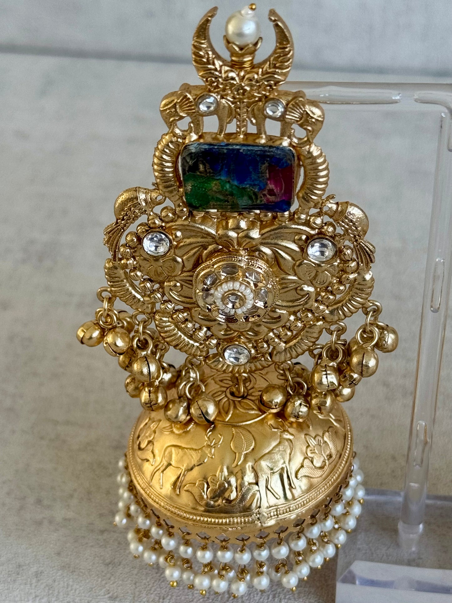 Ayura Designs Adeeba Earrings – Antique Gold Temple Jhumkas with Multicolour Stone Accent & Pearl Drops