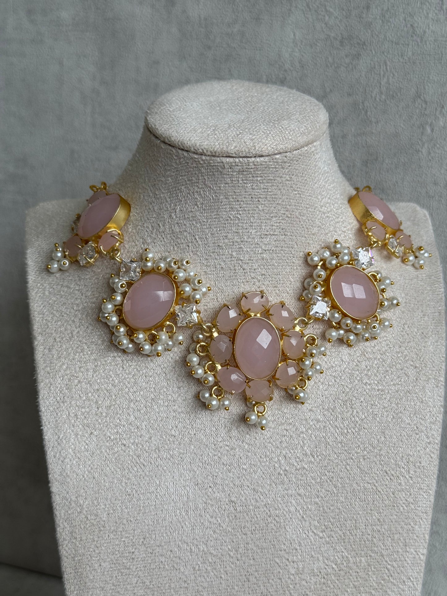 Ayura Designs Parisa Set with Tikka & Earrings – Rose Quartz, Crystals & Pearls