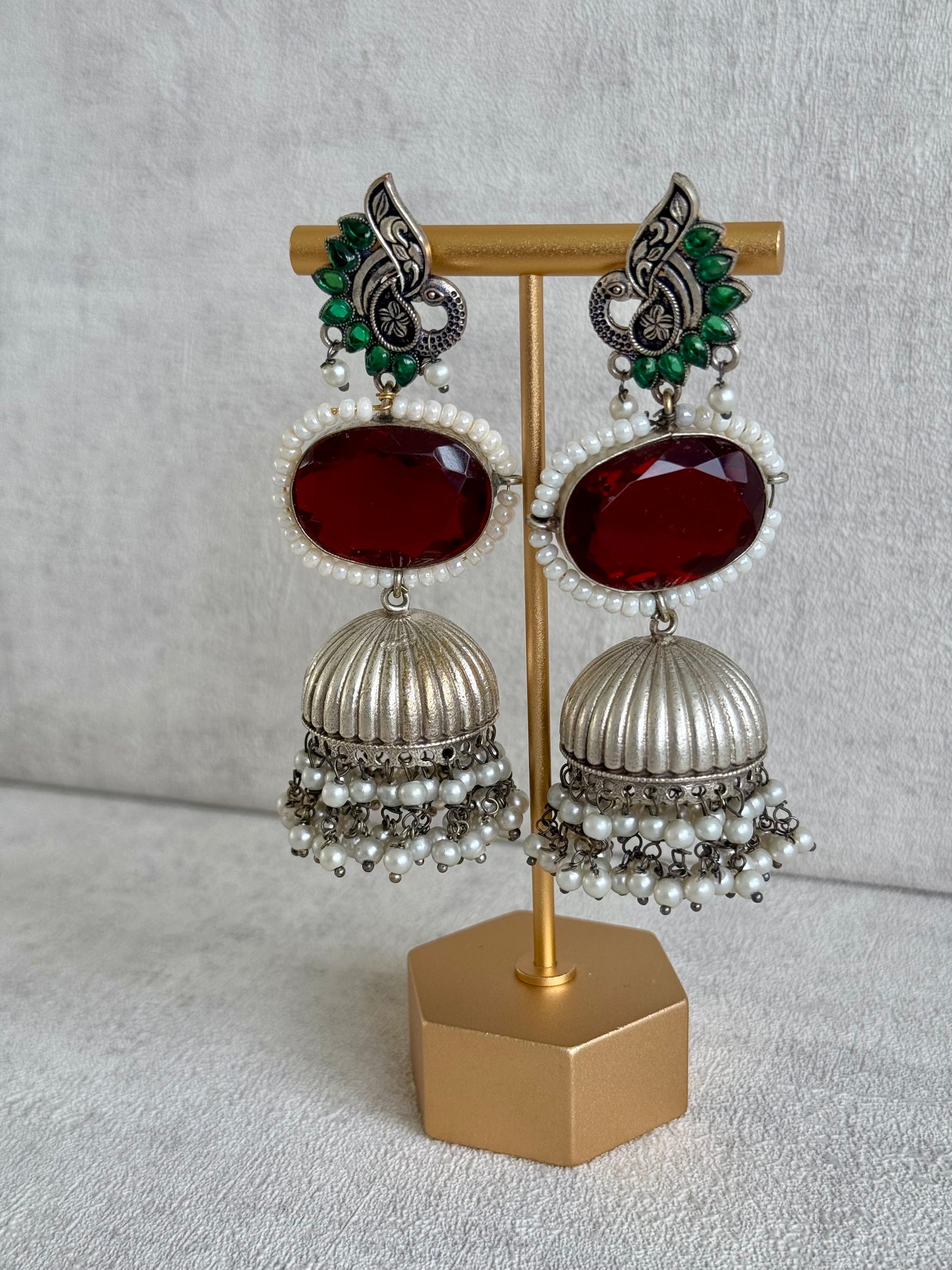 Ayura Designs Rhea Earrings – Ruby Red Stone, Green Enamel, Peacock Motif & Pearl Dome Drops