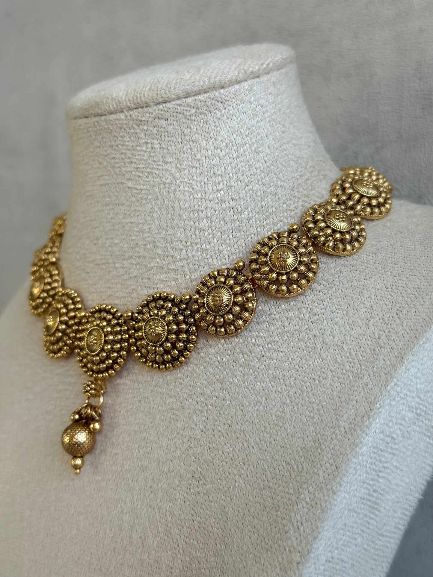 Ayura Designs Reet Set with Necklace & Jhumkis – Antique Gold with Textured Floral Motifs & Dome Drops
