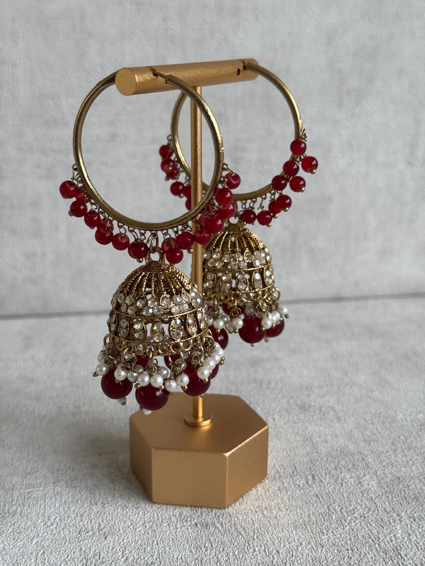 Ayura Designs Dastoor Tikka Set with Balis – Deep Maroon Beads, Champagne Stones & Pearls