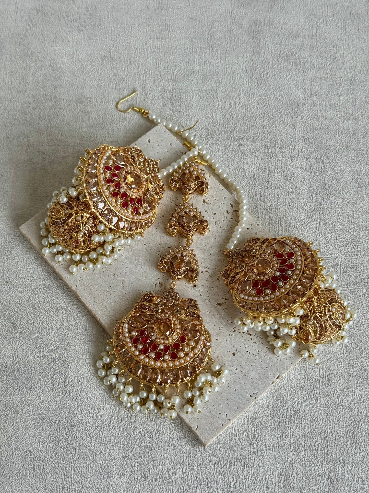 Ayura Designs Zarnigar Tikka Set with Sahare Jhumkis – Champagne & Ruby Stones with Pearl Detailing