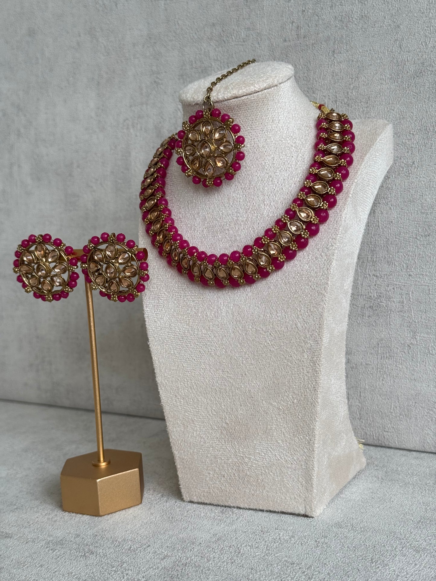 Ayura Designs Hala Set with Tikka & Studs – Magenta Beads & Champagne Kundan
