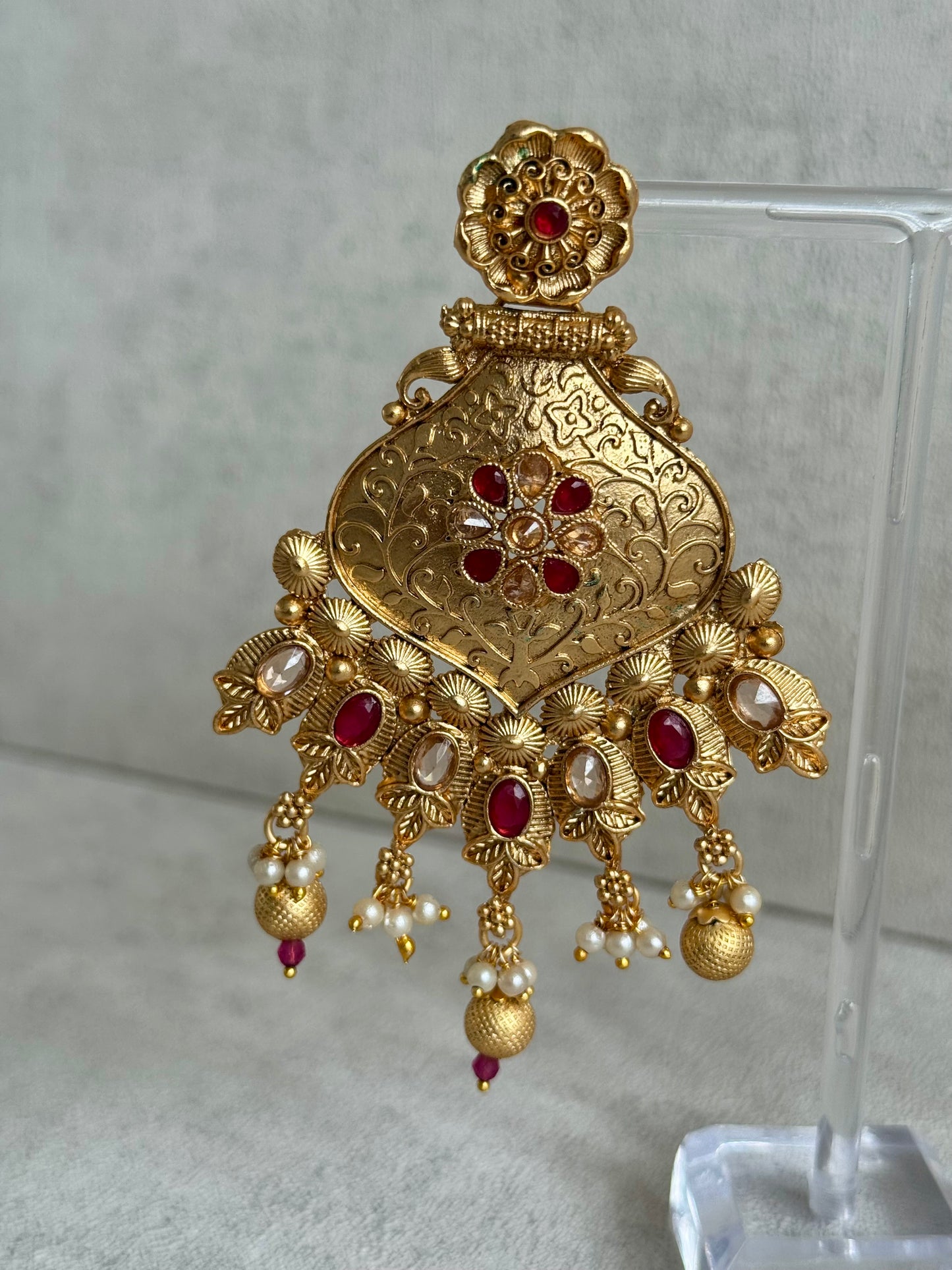 Ayura Designs Neha Earrings – Antique Gold with Ruby Red Stones & Pearl Detailing