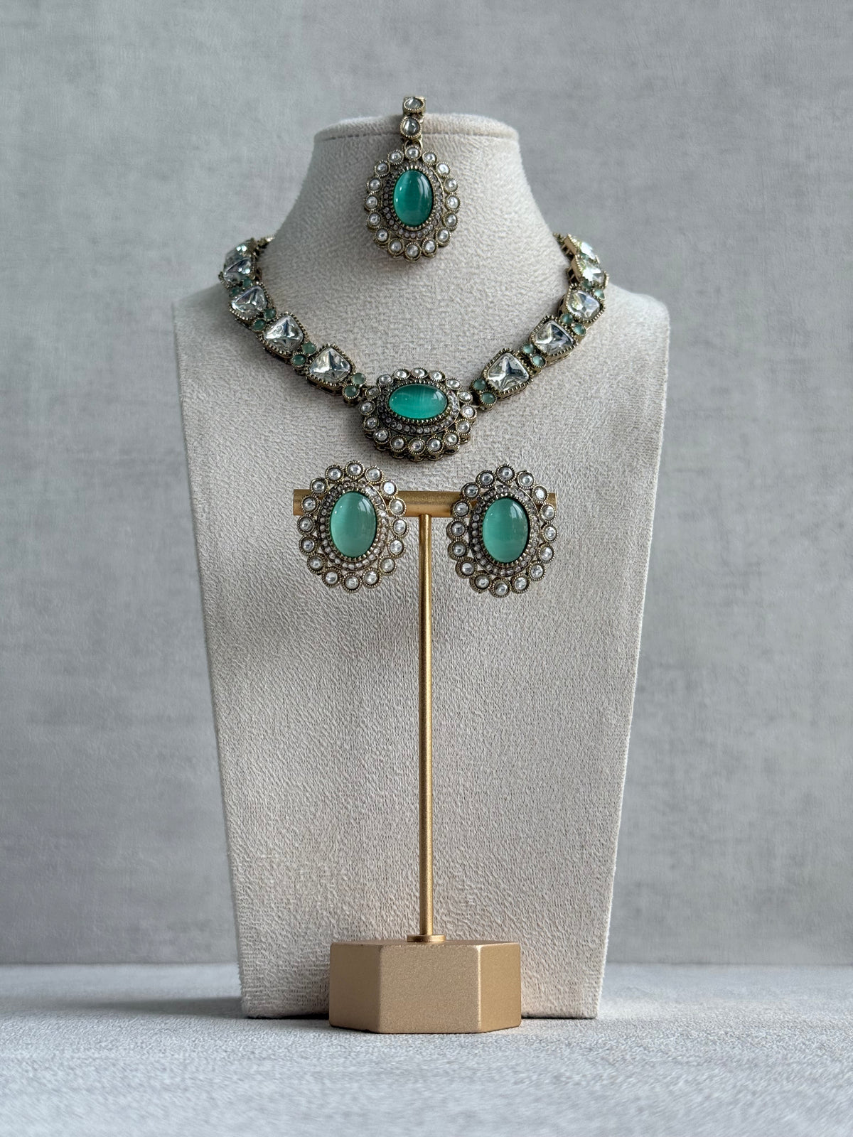 Ayura Designs Inza Necklace Set – Aqua Green Stones, Kundan & Crystals with Antique Gold Finish