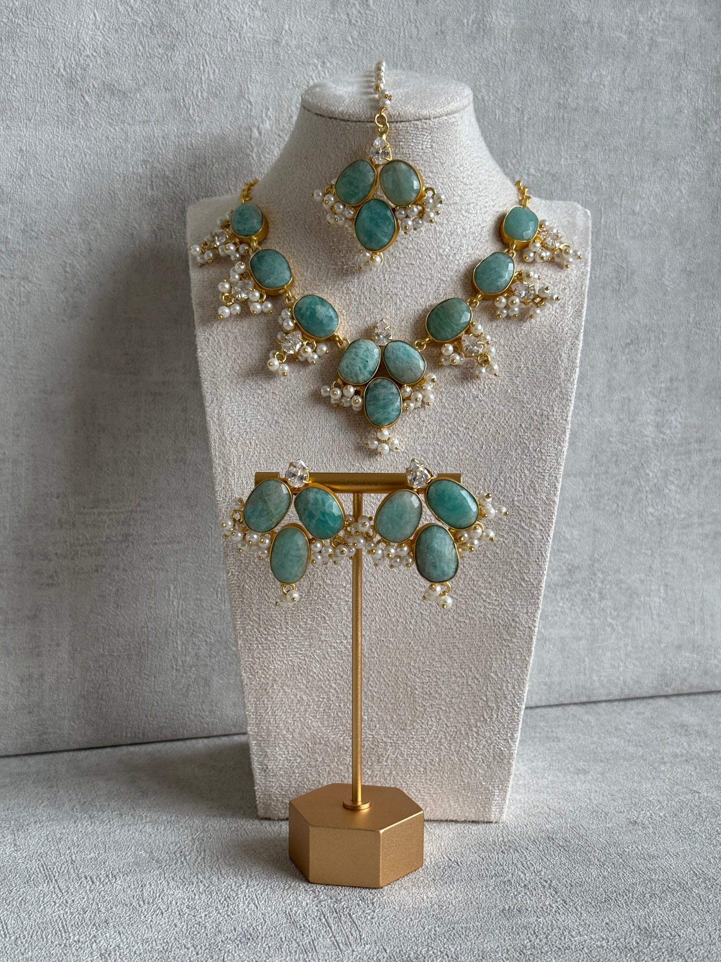 Ayura Designs Anahita Set with Tikka & Earrings – Amazonite, Crystals & Pearls