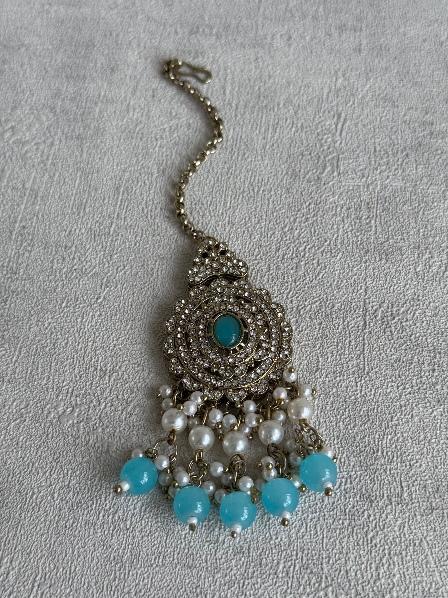 Ayura Designs Zoraiz Choker Set with Earrings & Tikka – Aqua Blue Beads, Pearls & Antique Silver Finish