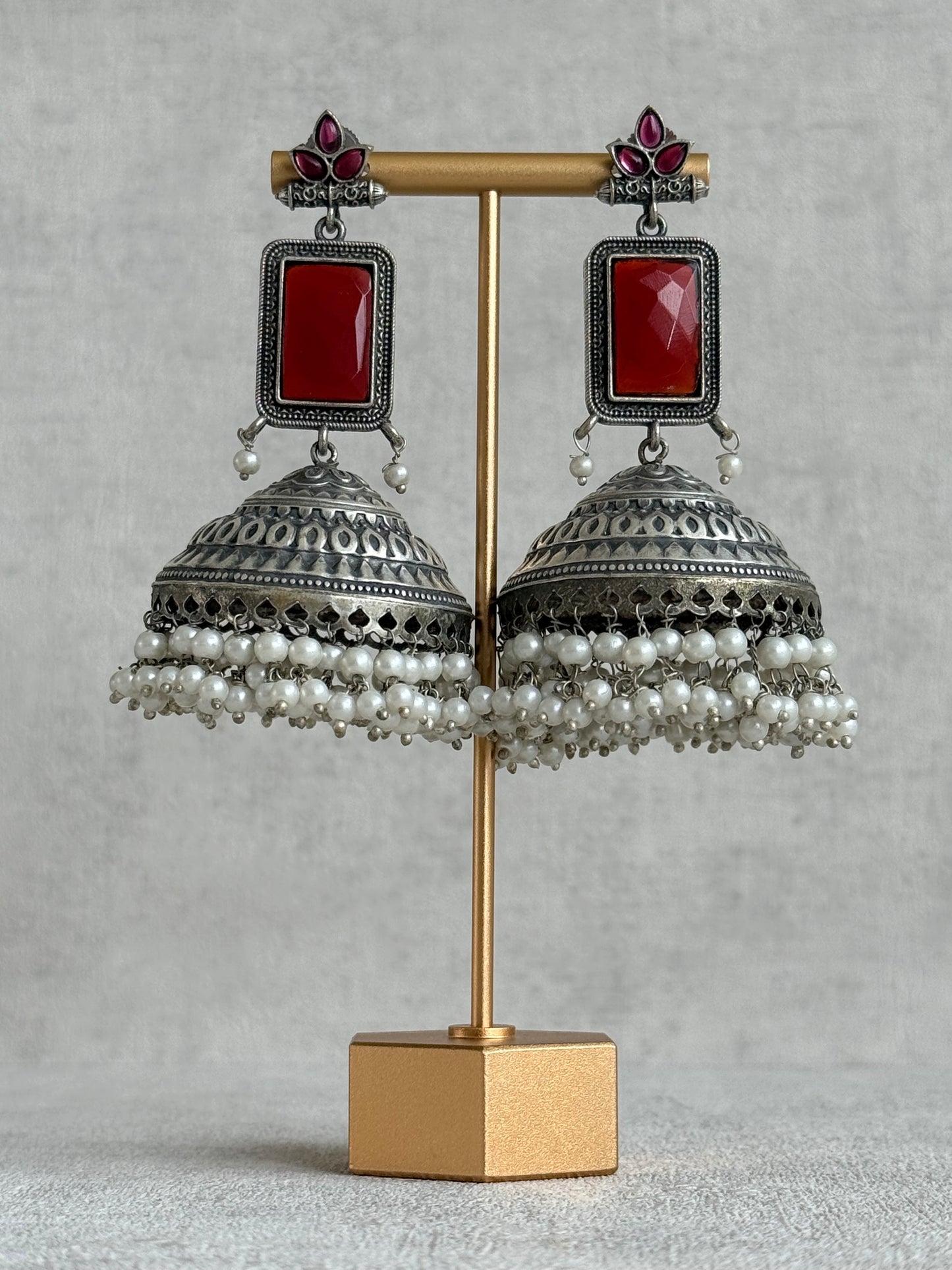 Ayura Designs Zeba Earrings – Oxidised Statement Jhumkis in Ruby Red & Pink Stones with Pearl Detailing
