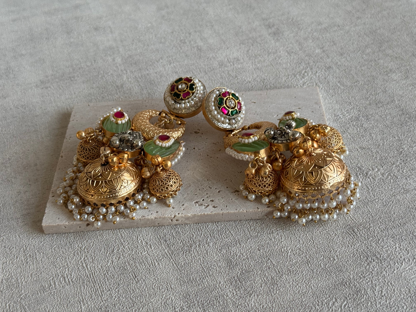 Ayura Designs Wajiha Earrings – Antique Gold Chandbalis with Meenakari Studs, Crescent Drops, Mint Enamel Petals & Layered Pearl Jhumkas