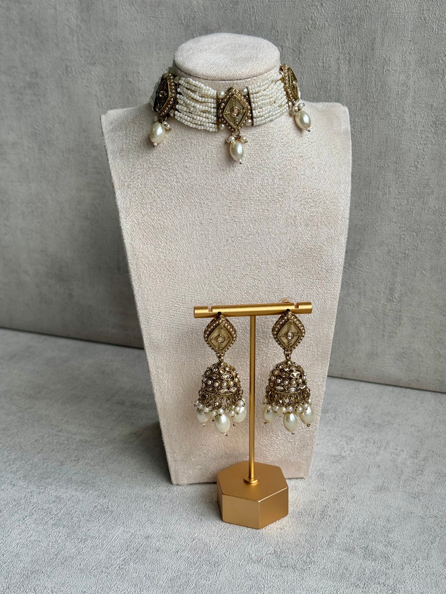 Ayura Designs Ariana Choker Set with Jhumkis – Kundan & Pearl in Antique Gold