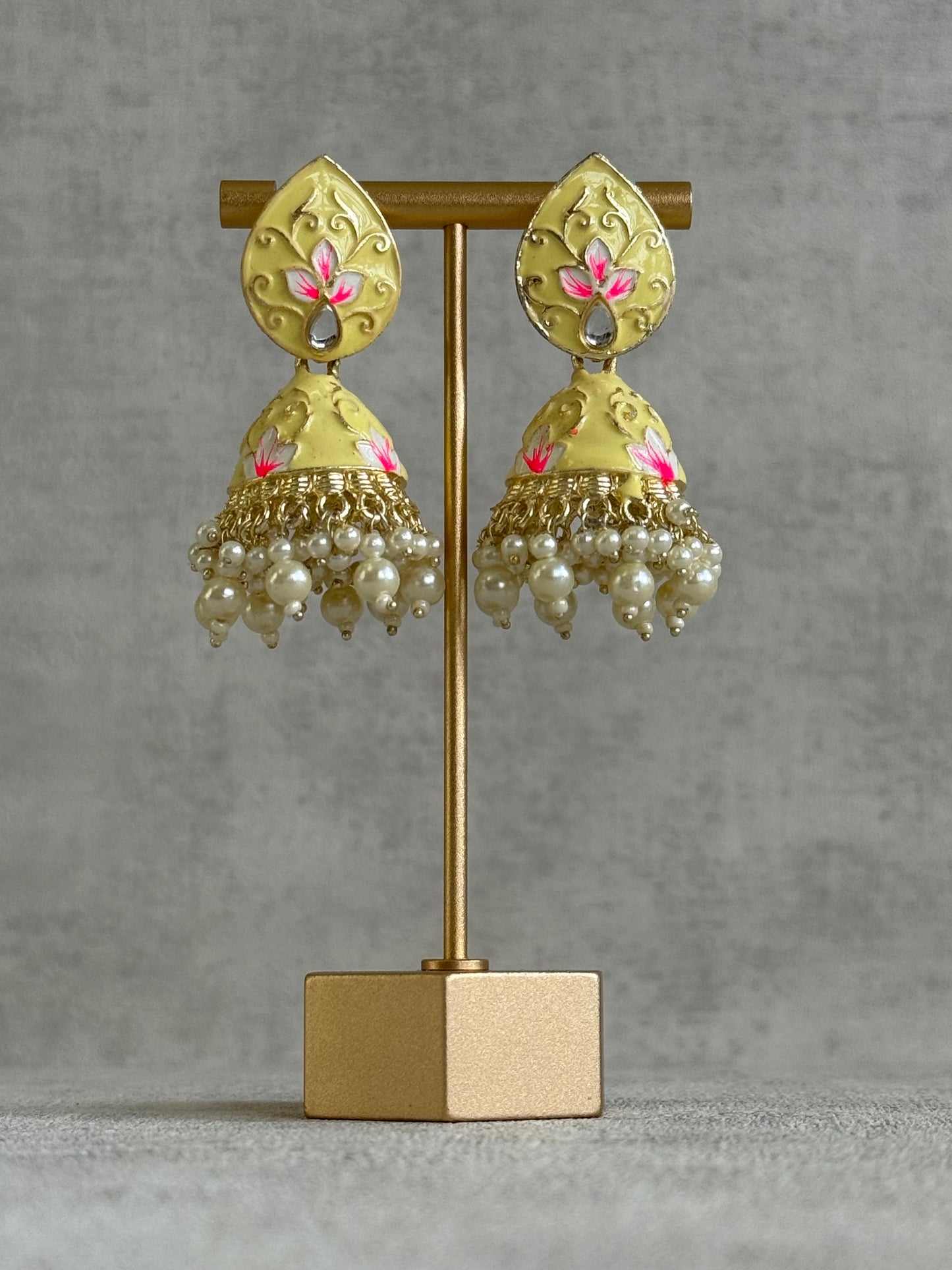 Ayura Designs Gia Jhumkis – Butter Yellow Meenakari with Pink Lotus Motifs & Ivory Pearl Drops