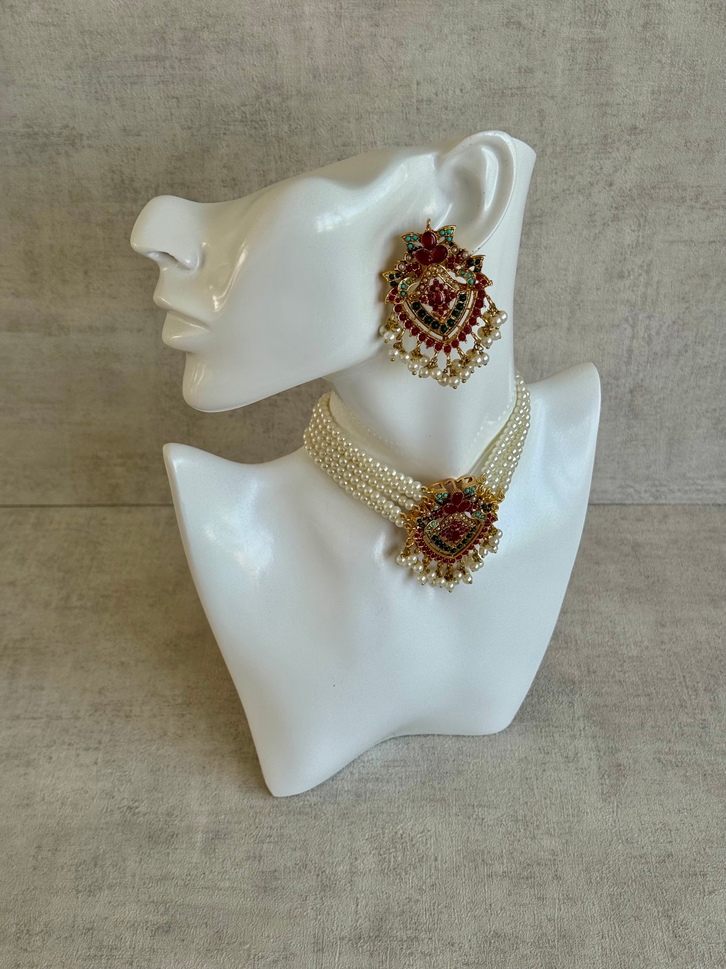 Ayura Designs Nazia Set – Choker, Earrings & Tikka with Ruby Red, Emerald Green, Turquoise Enamel & Pearl Detailing