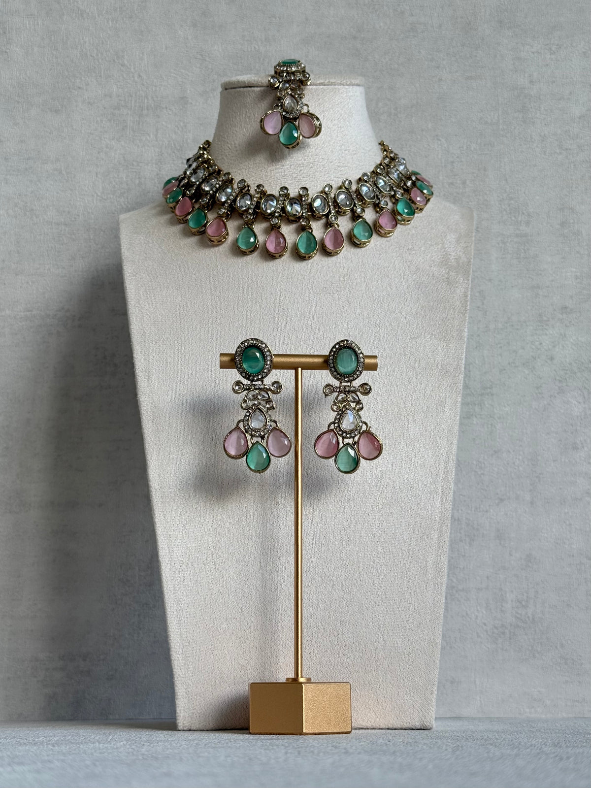 Ayura Designs Ava Necklace Set with Earrings & Tikka – Mint Green & Blush Pink Stone Necklace Set in Antique Gold Finish