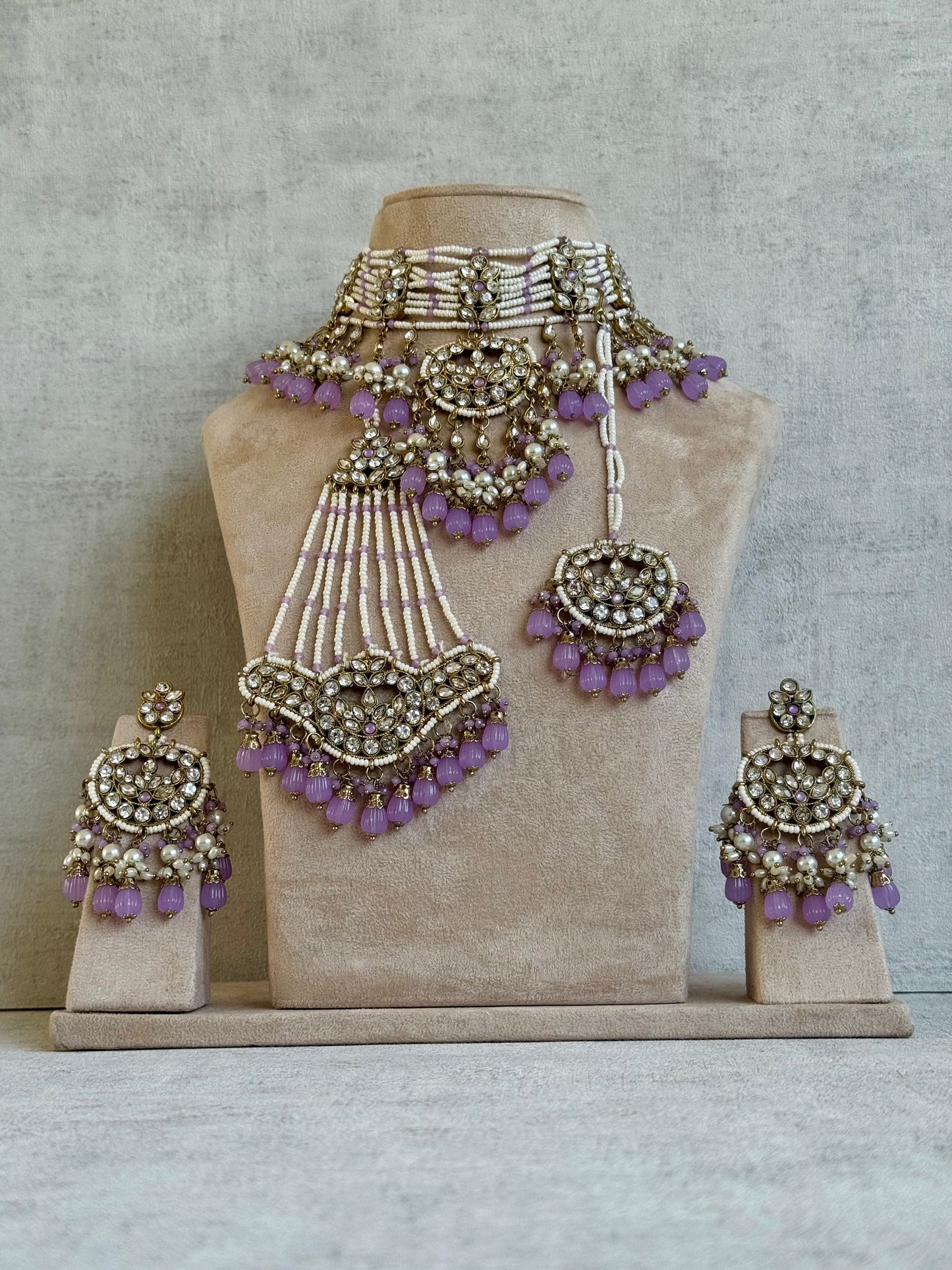 Ayura Designs Noorpari Set with Earrings, Tikka & Passa – Lilac Beads, Champagne Kundan & Pearl Embellishments