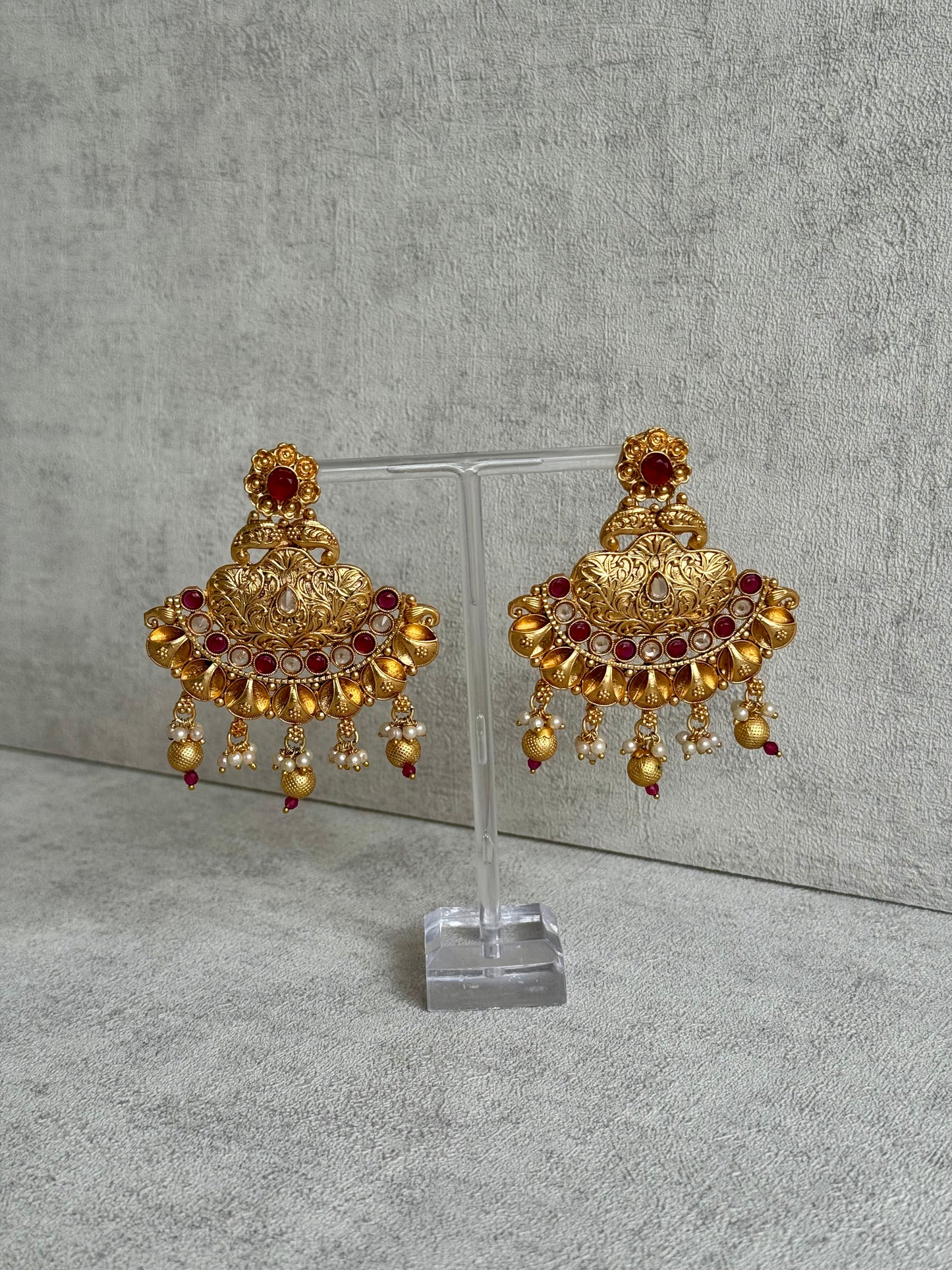 Ayura Designs Neera Earrings in Antique Gold with Red Glass Stones, Mirror-Cut Polki & Pearls