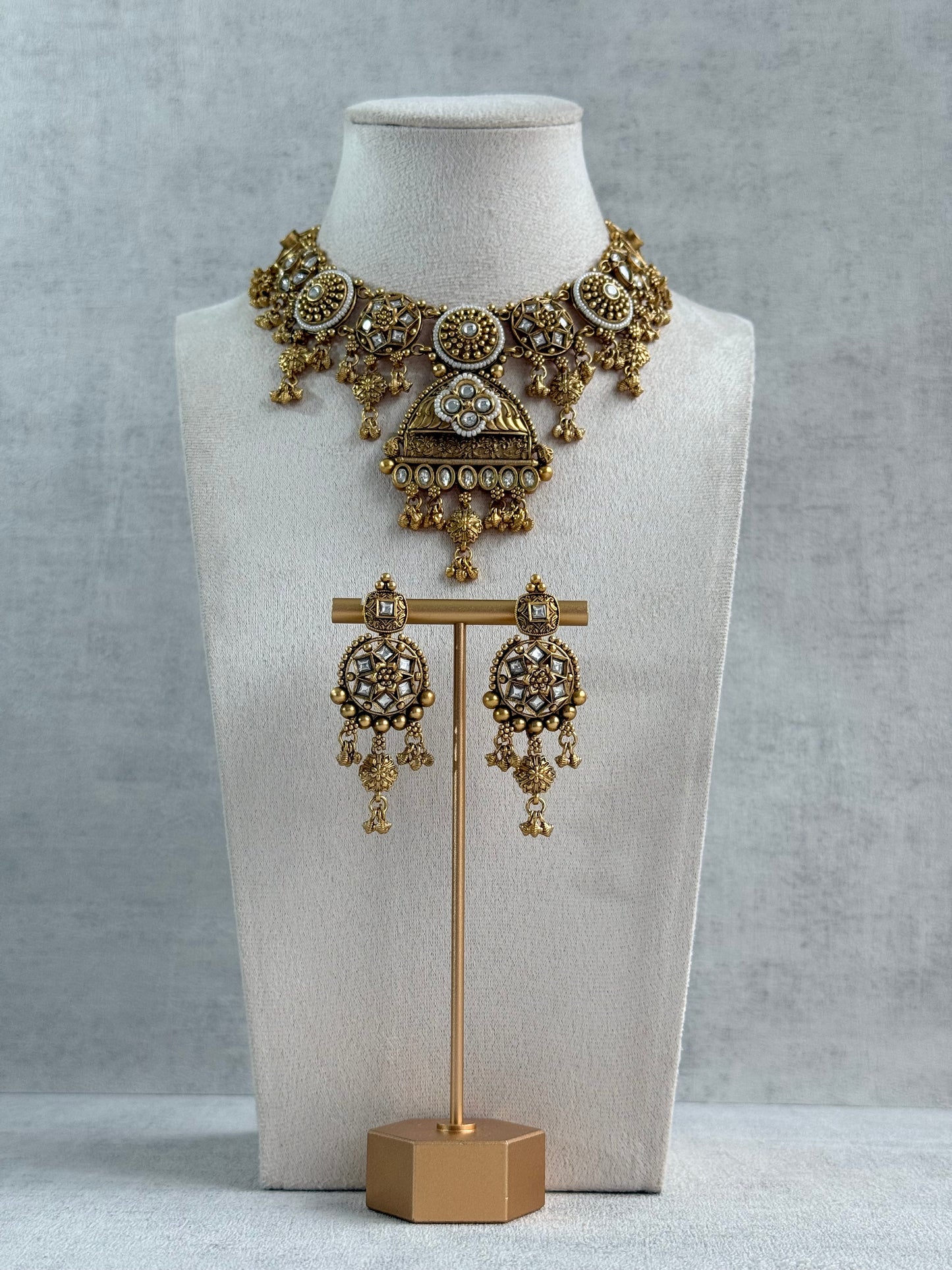 Ayura Designs Kriti Necklace Set with Earrings – Antique Gold Kundan Design with Ivory Pearls & Ghungroo Detailing
