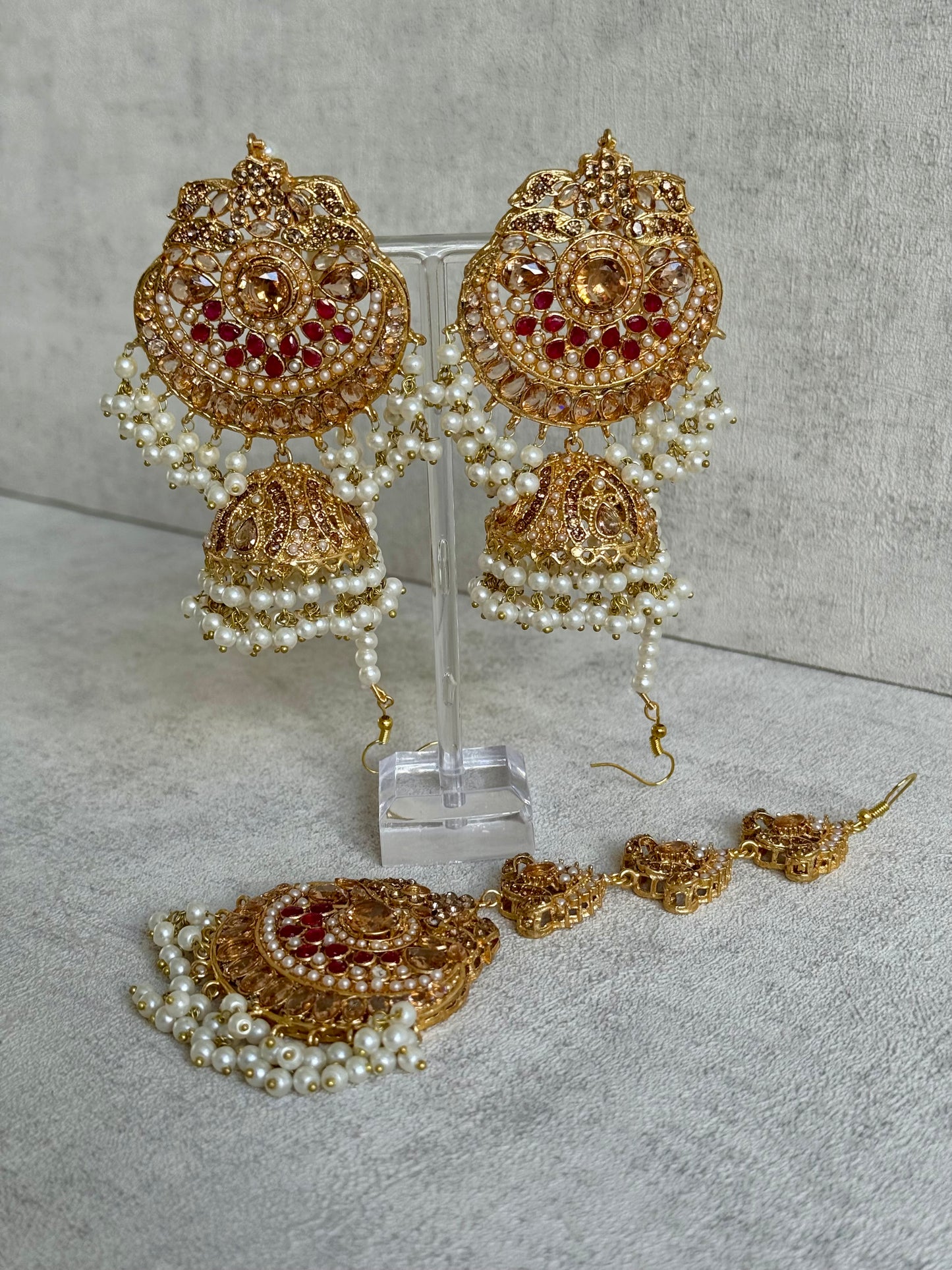 Ayura Designs Zarnigar Tikka Set with Sahare Jhumkis – Champagne & Ruby Stones with Pearl Detailing