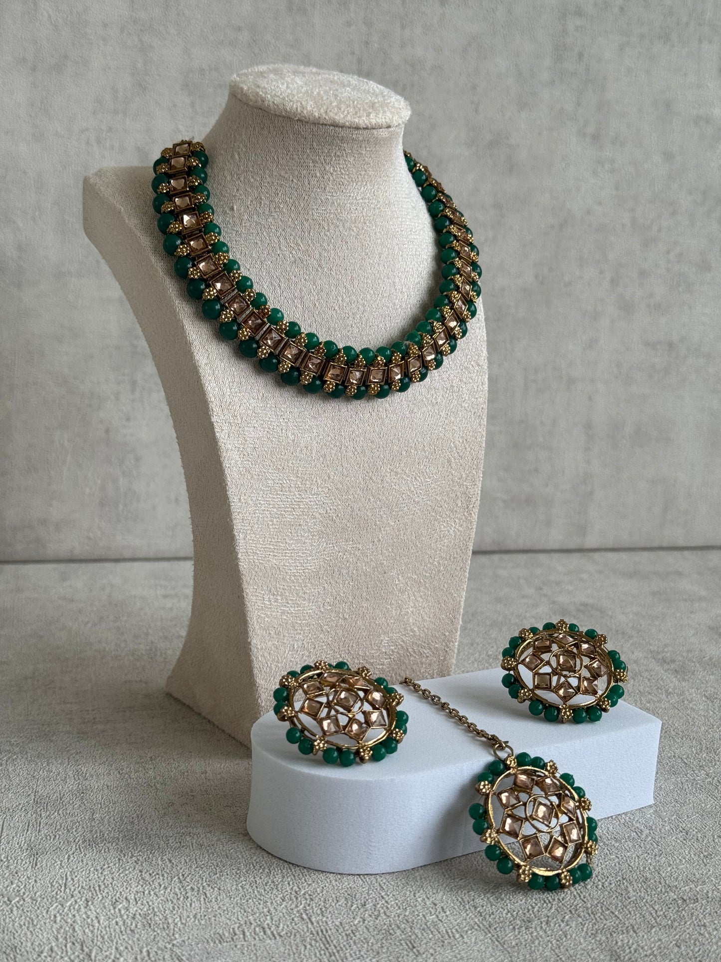Ayura Designs Hala Set with Tikka & Studs – Emerald Green Beads & Champagne Kundan