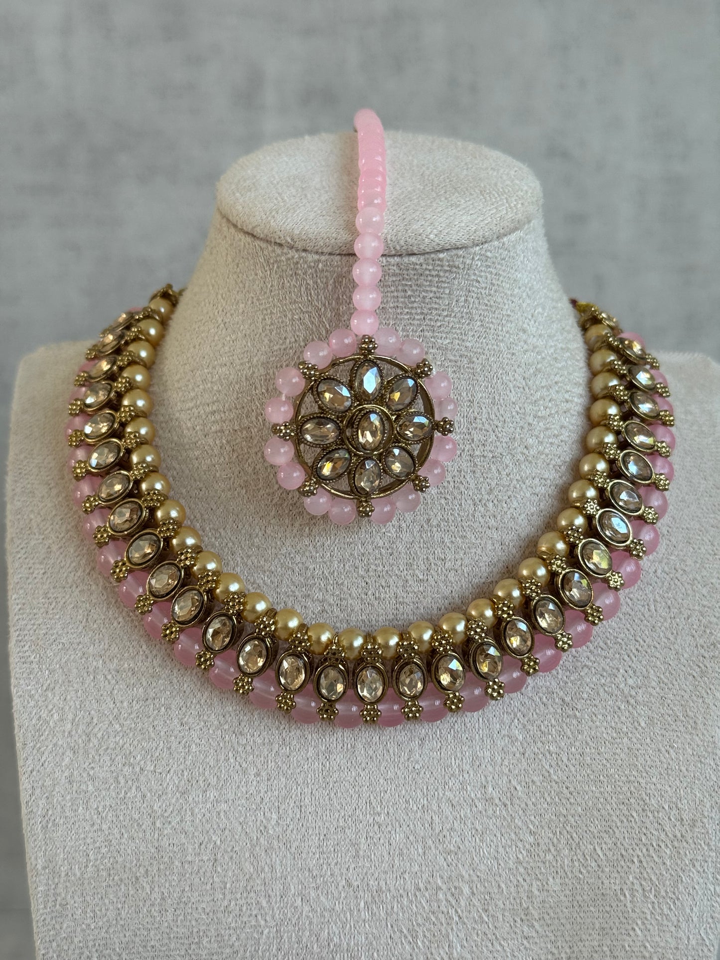 Ayura Designs Huma Set with Jhumkis & Tikka – Mirror-Cut Stones, Pistachio Green Beads & Pearl Detailing