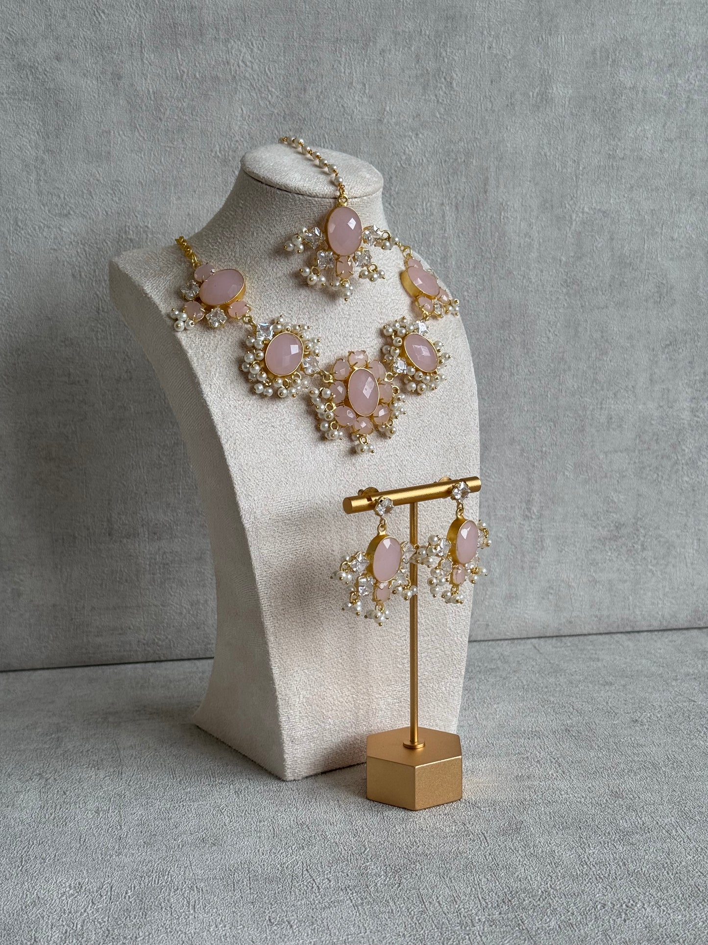 Ayura Designs Parisa Set with Tikka & Earrings – Rose Quartz, Crystals & Pearls