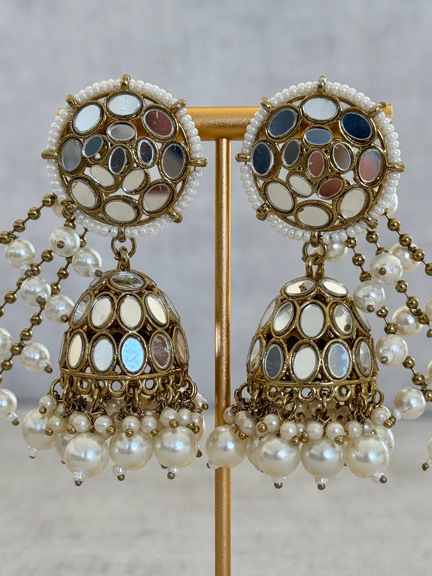 Ayura Designs Aaina Jhumkis with Sahare – Antique Gold Mirror Work & Pearl Earrings